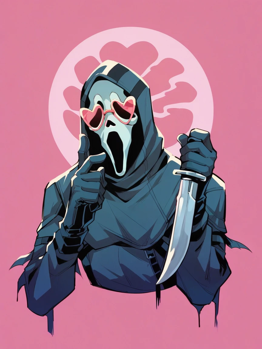 score_9, score_8_up, score_7_up, score_6_up, score_5_up,  <lora:GhostfaceXLP:1> ghostface, mask, solo, 1boy, hood, gloves, holding knife, pink background, heart glasses