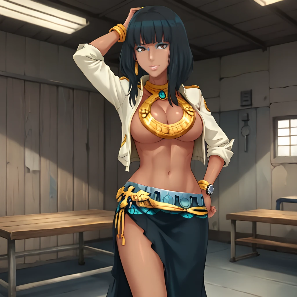 score_9, score_8_up, score_7_up, 1girl, solo, uncensored, nonaryalice, smile, looking at viewer, hand on hip, adjusting hair, dark-skinned female, black hair, cleavage, underboob, jewelry,  white jacket, blue skirt, long skirt, indoors, warehouse, laboratory, military base, metal wall <lora:NonaryAliceXL_v1.0:1>