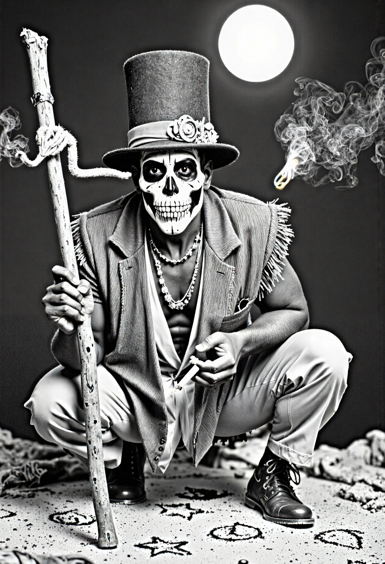 baron_samedi,An intense black-and-white photo of Baron Samedi performing a voodoo ritual. He holds a cane and a lit cigar, his skeletal face makeup glowing faintly under the moonlight. The ritual scene is bathed in dark shadows, with symbols drawn in the dirt around him.