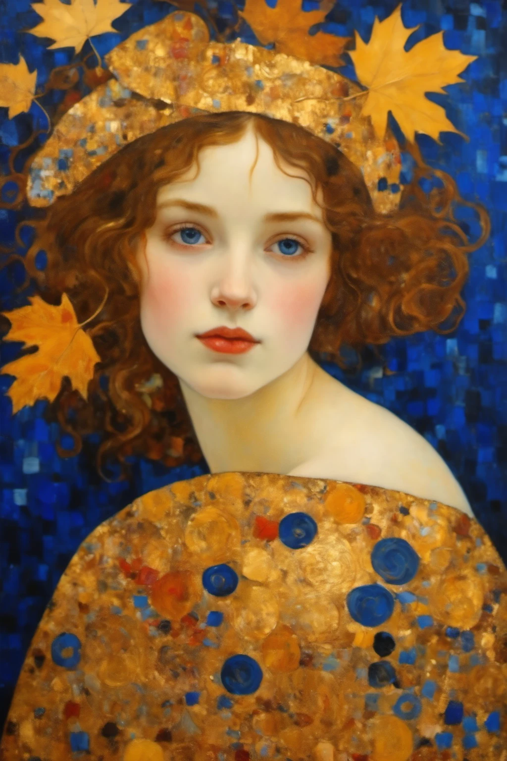 klimt style,1 girl,solo,masterpiece,art,(close up),gold and blue color,autumn leaves