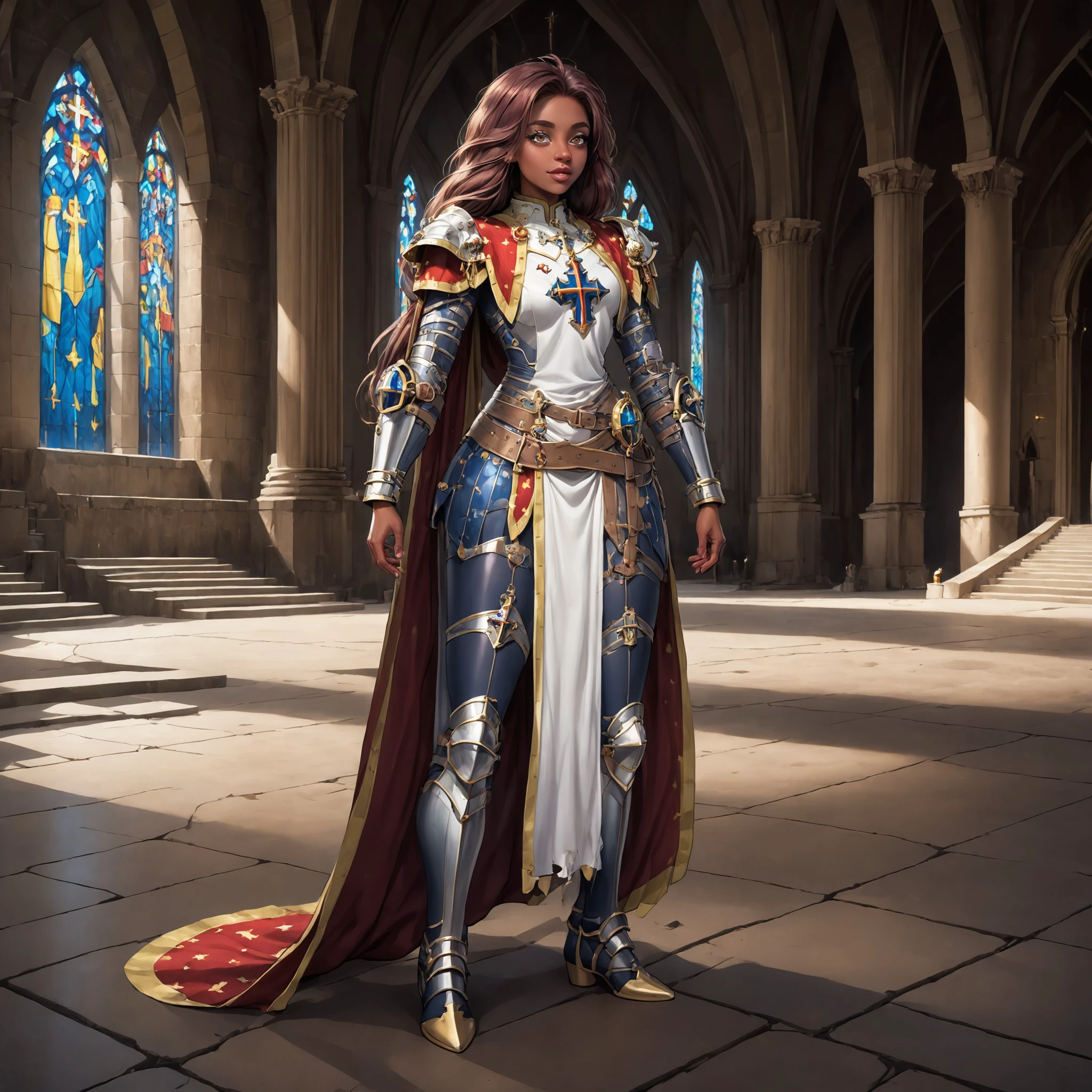 (masterpiece), best quality, expressive eyes, perfect face, full body, J0hanna, armor, dark skin,  church, temple, cathedral, <lora:310626bb-9c18-4ef8-9ae8-7fbc5f7f2153:1.0>