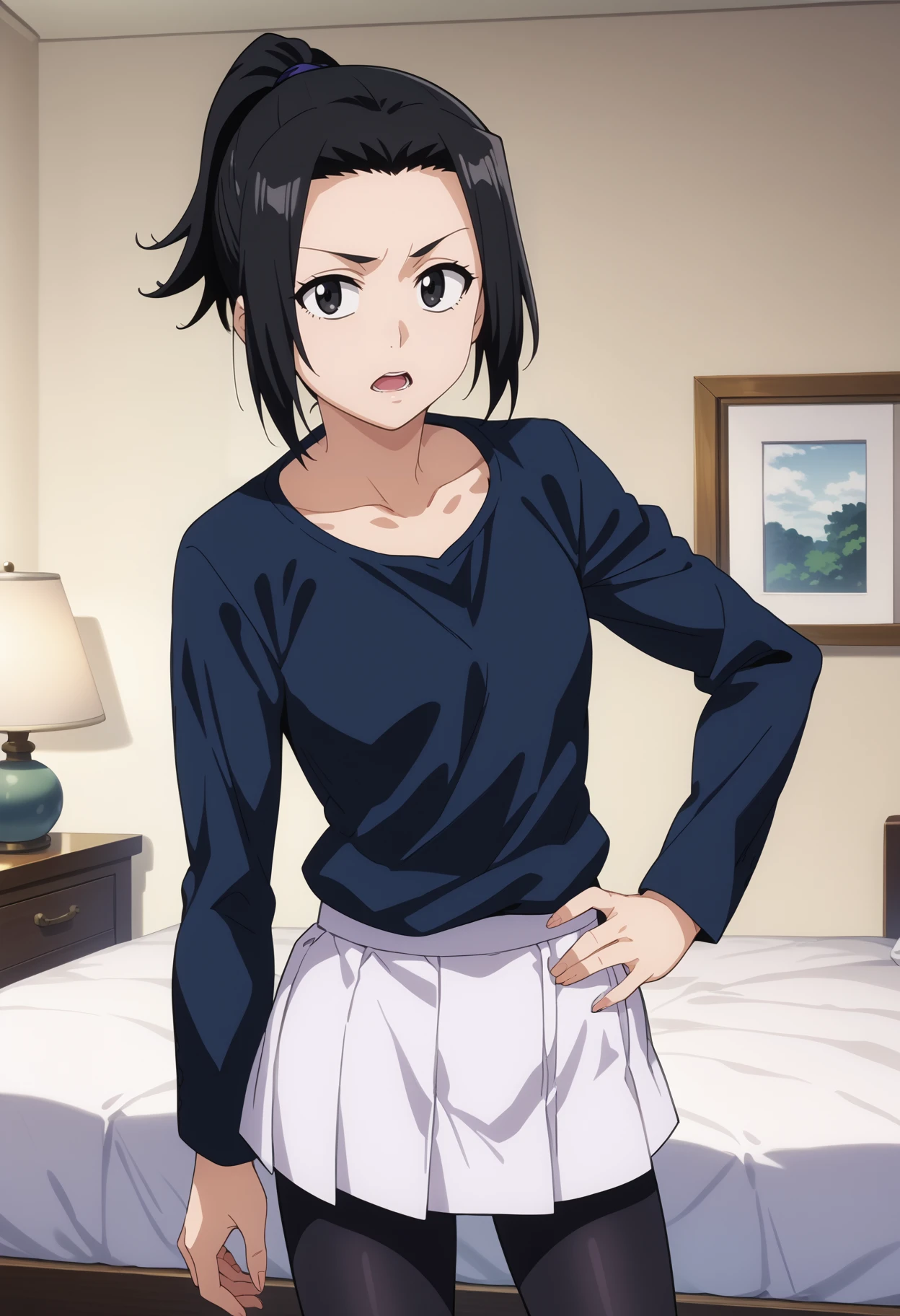 score_9, score_8_up, score_7_up, anime screencap, BREAK
1girl, karinkuro, black eyes, black hair, ponytail, short hair,
collarbone, long sleeves, black shirt, white skirt, black leggings,
hand on hip, indoors,
open mouth, solo, looking at viewer, solo, bed, bedroom background   <lora:KarinKurosakiPDXL_byKonan:1>