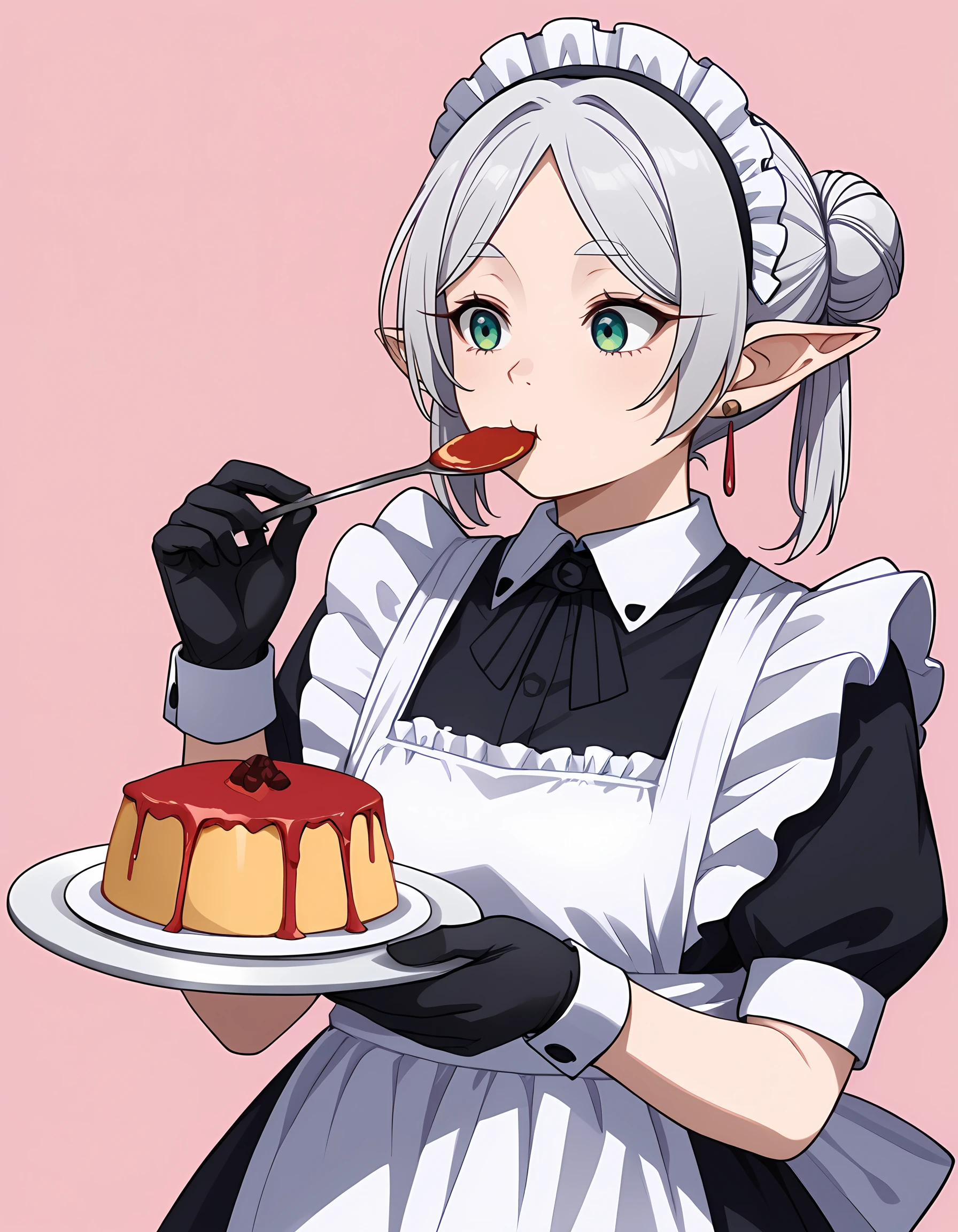 <lora:Frieren:1>,fr1eren, 1girl, food, black gloves, jewelry, earrings, single hair bun, maid headdress, alternate costume, pudding, maid apron, holding spoon, holding plate, short sleeves, black dress, grey hair, eating, enmaided, white apron, utensil in mouth, simple background, short hair, pink background, upper body, frills