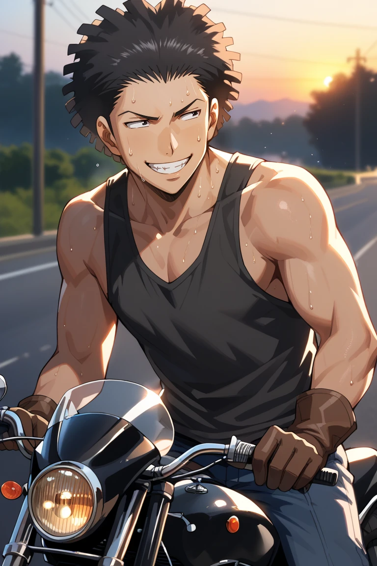 score_9, score_8_up, score_7_up, source_anime, rating_questionable, evening, sunset, natural lighting, male focus, looking away, sweating, riding, TaiseiAC, black_Taisei_afro, black_Taisei_eyes, tank top, gloves, teeth, grin, happy, 1boy, blurry outdoors, ground vehicle, motorbike, intricately detailed illustration, sweatdrop, atmospheric perspective, depth of field, realistic shading