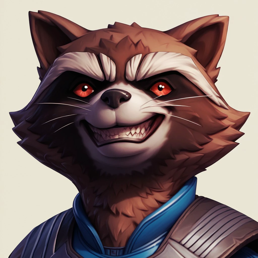 score_9, score_8_up, score_7_up, score_6_up, score_5_up, score_4_up, source_furry
, 1boy,solo, furry, Rocket Raccoon, blue bodysuit, brown fur, red Scalera, raccoon, ((grin, bust portrait))