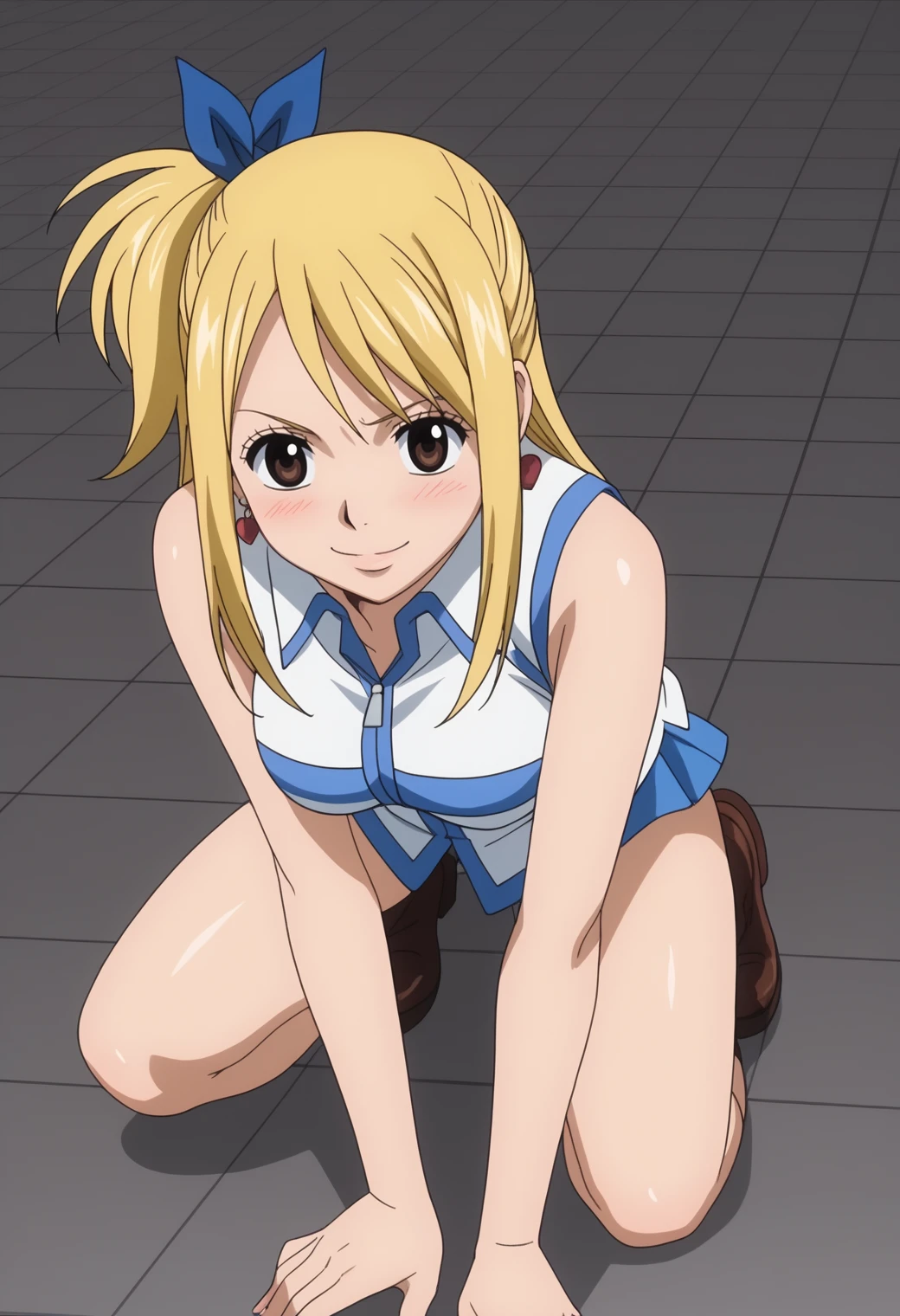 score_9, score_8_up, score_7_up, anime screencap, BREAK, 1girl, solo,   <lora:DX888Lucy:1> lucy heartfilia, brown eyes, one side up, blue ribbon, sleveless shirt,  earrings, BREAK smile, blush, Crouched, ready to spring, hands on ground dark gray background, simple background, grid background,