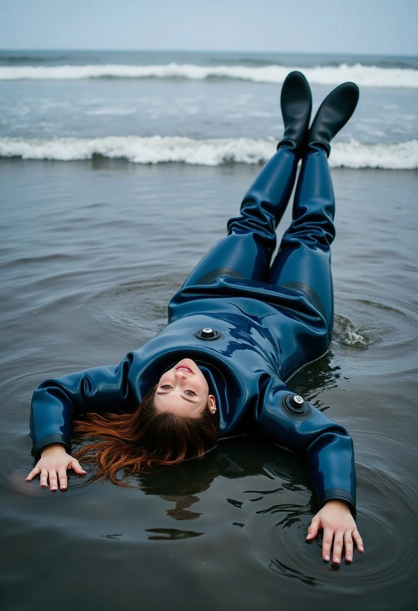 a photograph of a woman wearing a oversized dark blue shiny rubber drysuit laying down in the ocean, spreadeagled