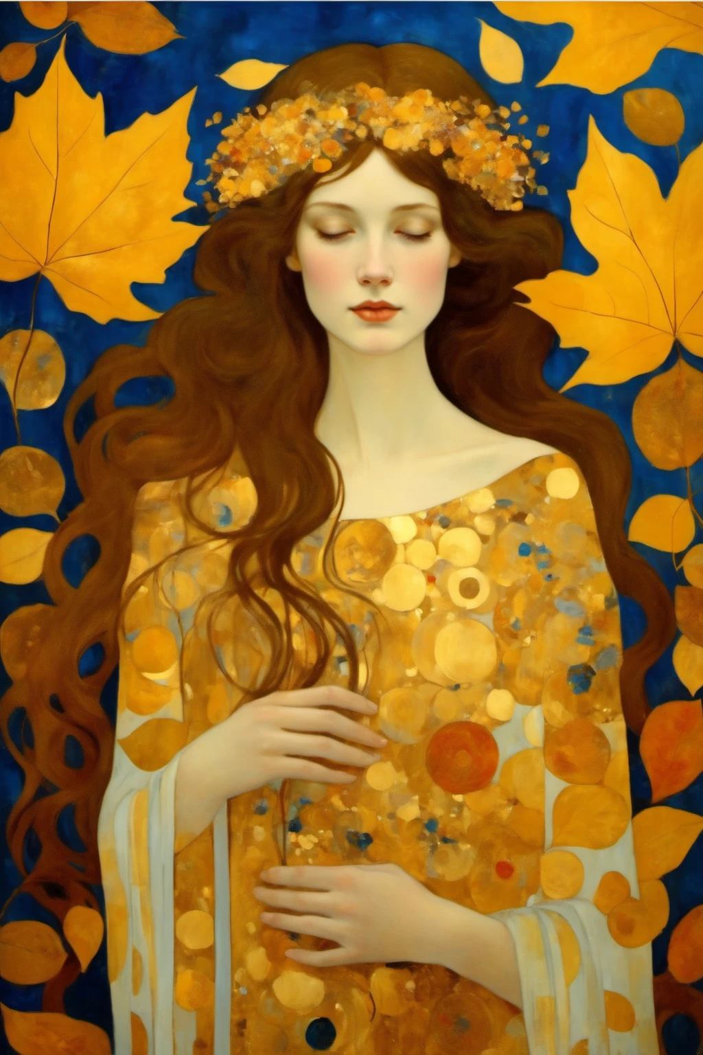 klimt style,1 girl,long and straight hair,autumn leaves solo,art work painting,gold style,flowers masterpiece,blue background and gold, high resolution,