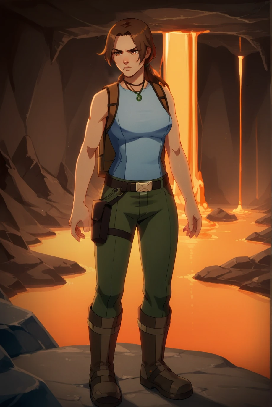 score_9, score_8_up, score_7_up, score_6_up, score_5_up, score_4_up, BREAK source_anime, 1girl, solo,
<lora:LaraCroftXL-v1-07:0.8>, ChopioLara, brown hair, brown eyes,
long hair, low ponytail, hair tie, medium breasts, 
outfit_3, necklace, sleeveless shirt, blue shirt, brown belt, green pants, thigh strap, thigh pouch, boots, brown footwear,
backpack,
cave, underground, lava, glow, serious, <lora:Concept_Dark2:0.8>, dark, night,