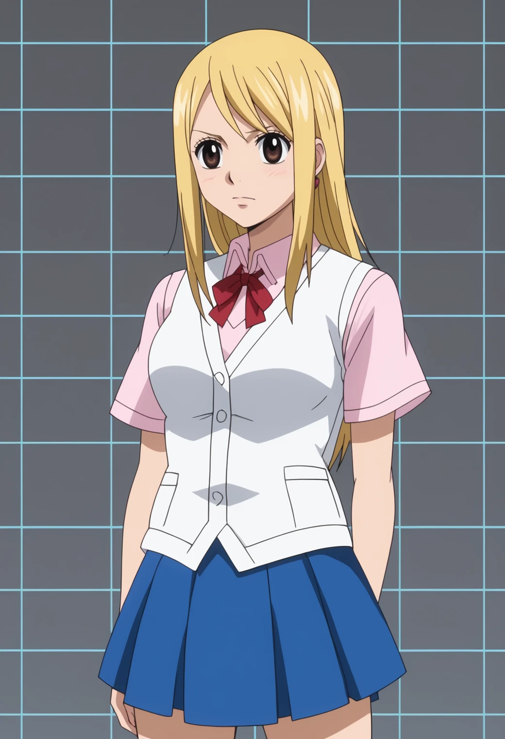 score_9, score_8_up, score_7_up, anime screencap, BREAK, 1girl, solo,   <lora:DX888Lucy:1> lucy heartfilia, brown eyes, long hair, pink shirt, white vest, skirt, BREAK dark gray background, simple background, grid background, Swaying hips side to side