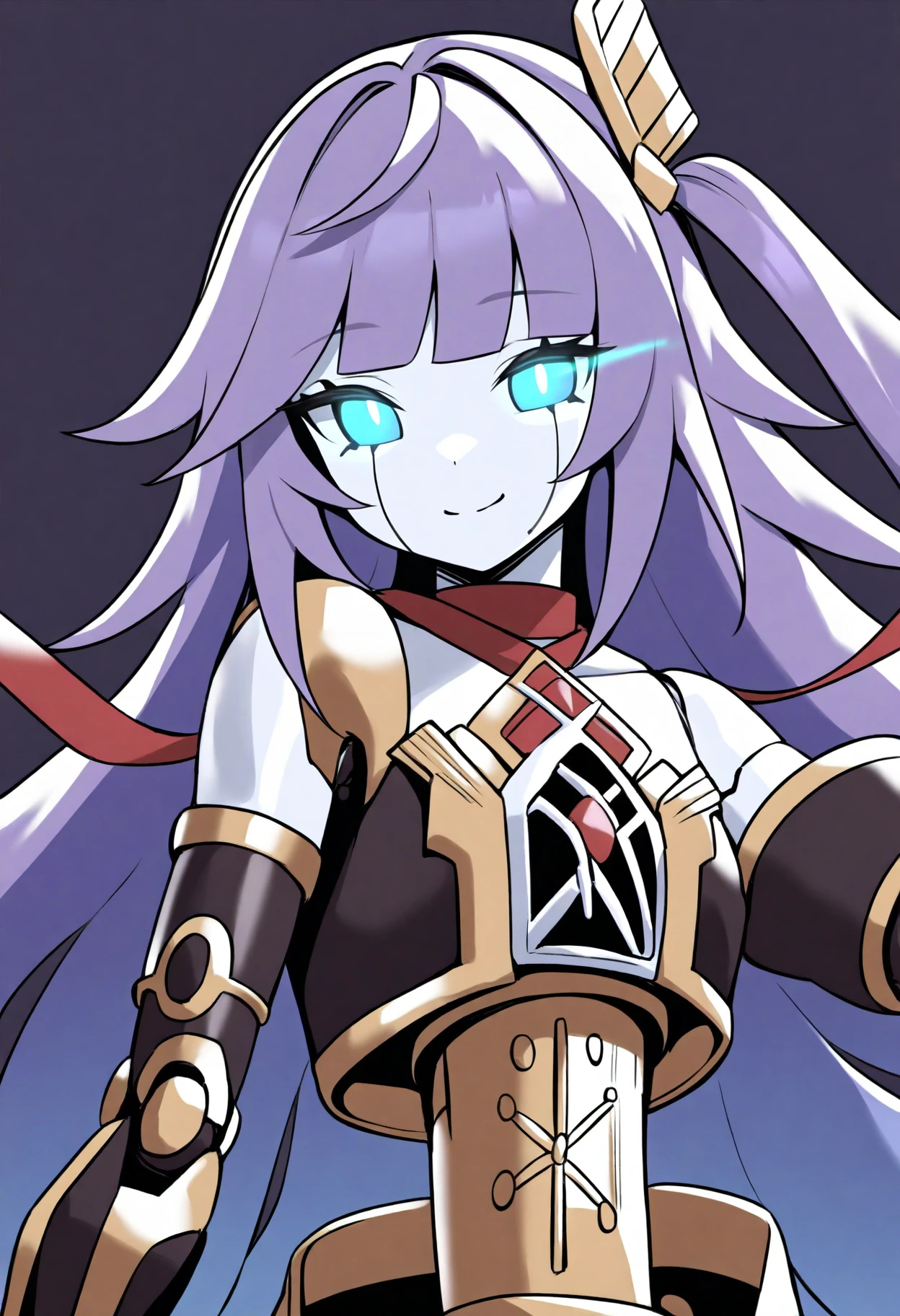 best quality, amazing quality, very aesthetic, absurdres,
1girl, orcustgalatea, purple hair, long hair, android, blue eyes, glowing eyes, no pupils,
doll joints, duel monster, elbow gloves, upper body, joints, robot, robot joints, smile, solo, simple background     <lora:OrcustGalateaIllustriousXL_byKonan:1>