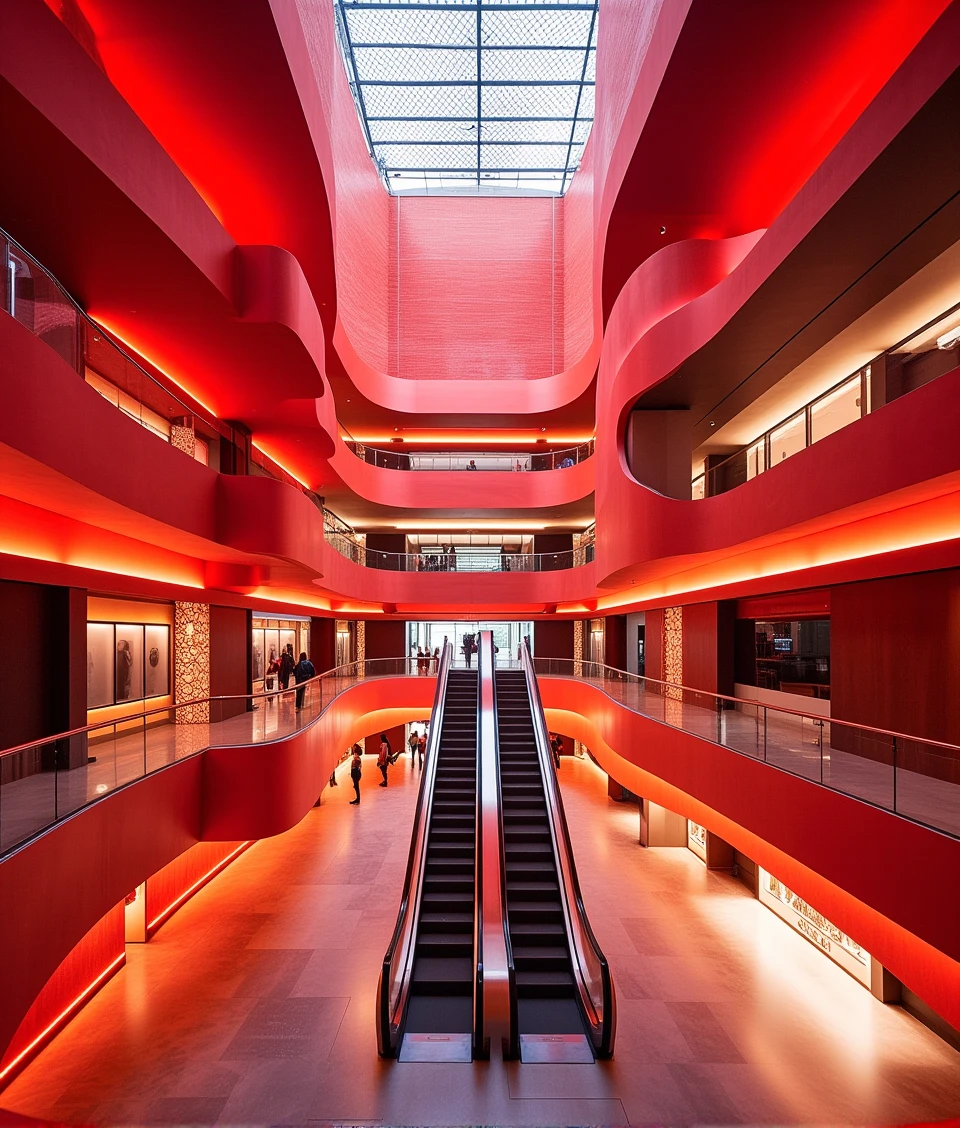 redinsidebylaushine,Gradient rain-like,a space of the massive huge and multi-levels shopping mall interior,illumated by the sun-rays from dome.There is an Escalator in center of the shopping mall,connecting the corridors of each level,the stores Evenly distributed on each floor
