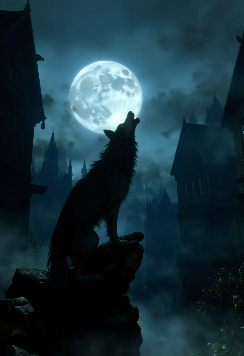 <lora:KFT_Horror_Style_FLUX:0.9>
horror theme, dark, 
 a wolf howling at the moon