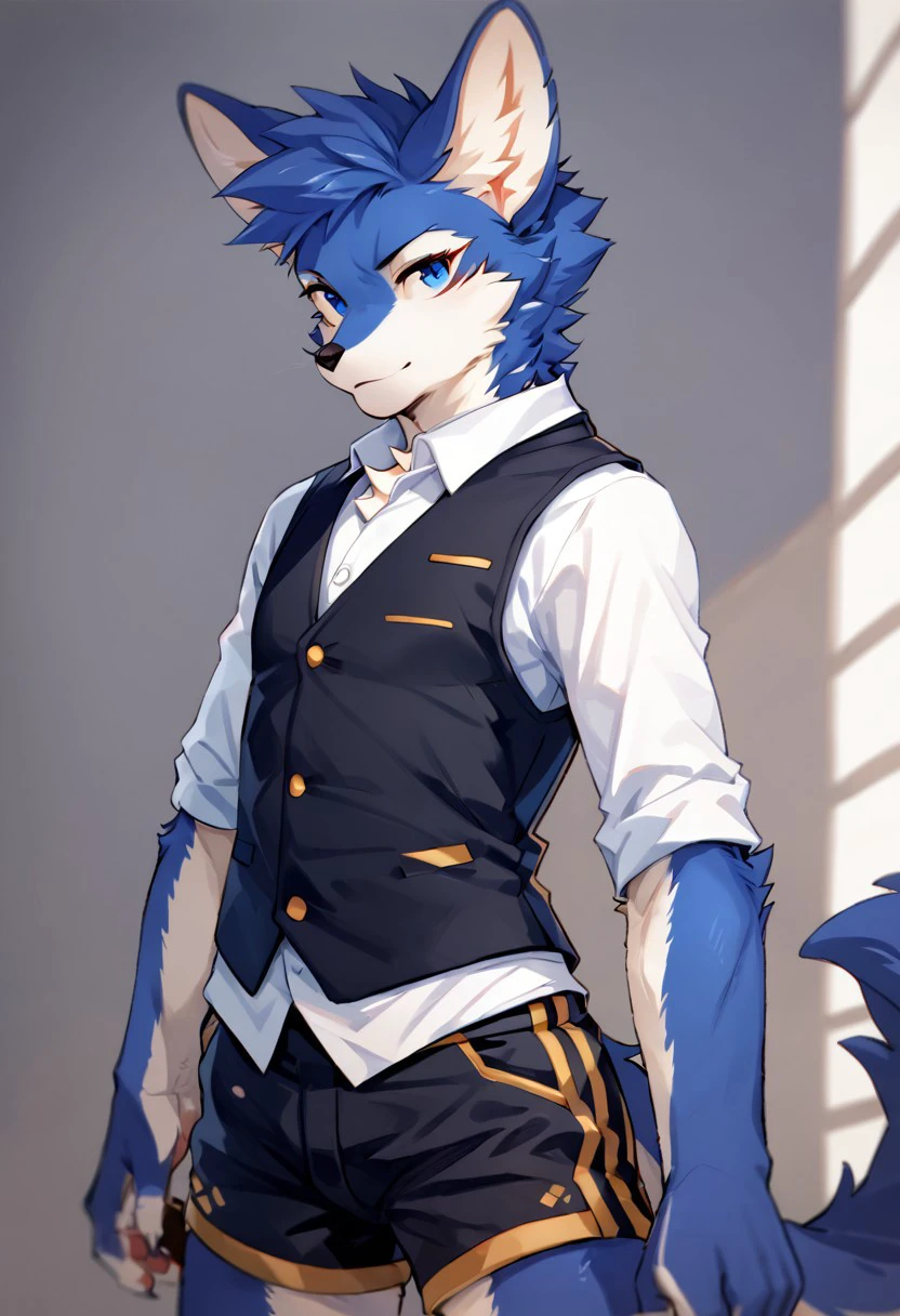 score_9, score_8_up, score_7_up, high quality, hires, solo, lenowoof, b1uew01f, amazed, !, furry, blue eyes, seductive, vest, shorts, looking at viewer