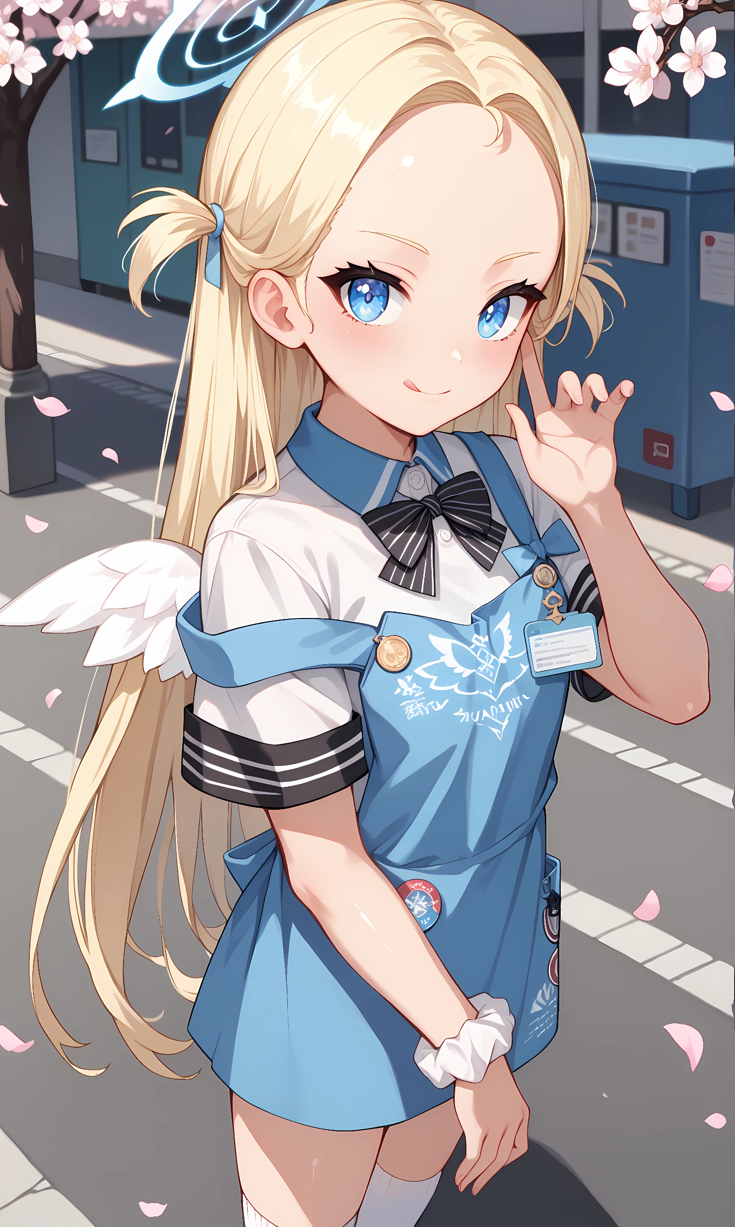 score_9, score_8_up, score_7_up, source_anime, 1girl, solo, outdoors, street, cherry blossoms, cowboy shot, standing, looking at viewer, shiny skin, sora, blue eyes, blonde hair, two side up, long hair, halo, mini wings, white wings, low wings, blue apron, white shirt, off shoulder, strap slip, bowtie, short sleeves, white socks, white footwear, sneakers, single wrist scrunchie, selfie, licking lips