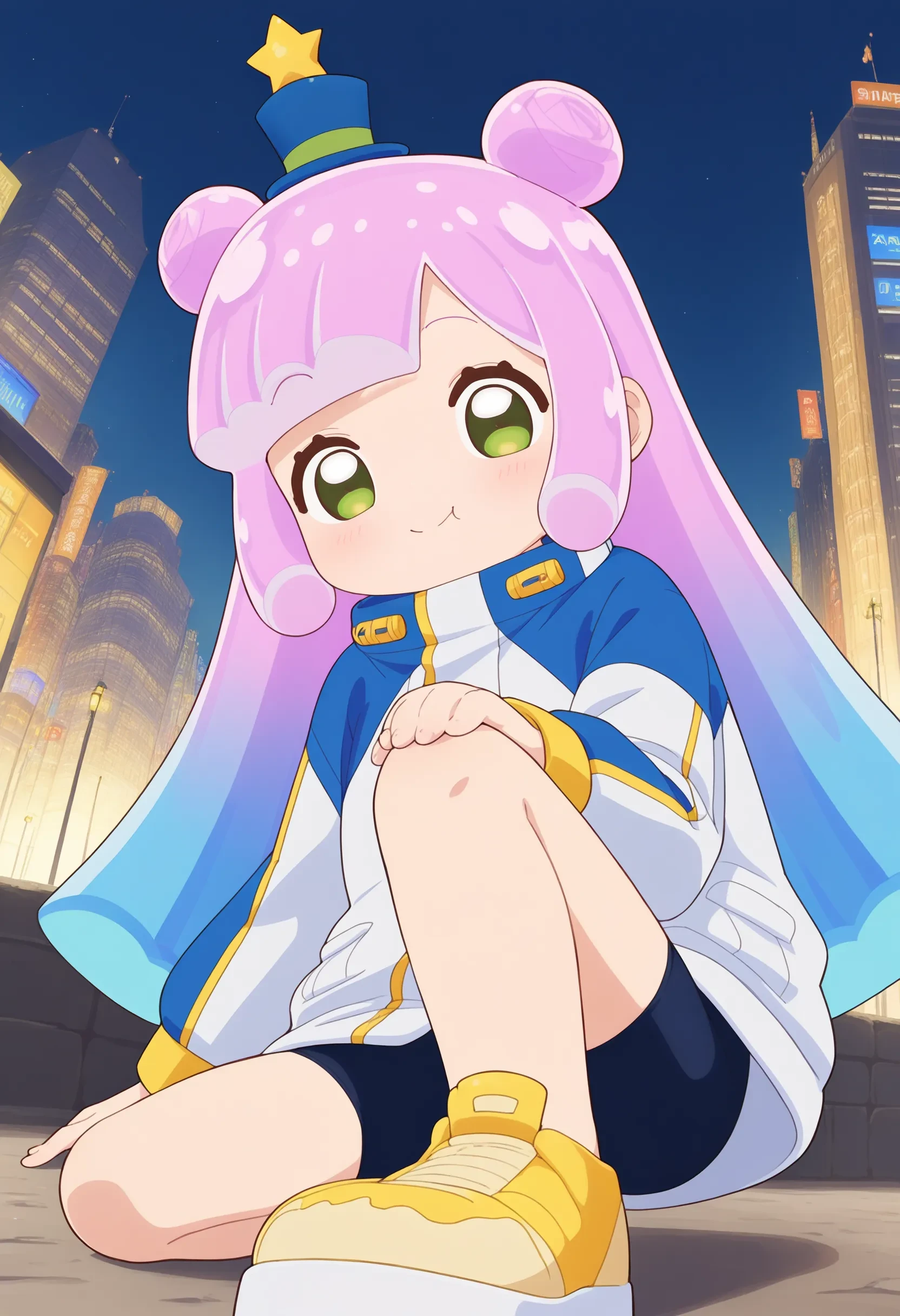 1girl, puniru \(puniru wa kawaii slime\), pink hair, blue hair, multicolored hair, double bun, long hair, green eyes, mini hat, jacket, black bike shorts, yellow shoes, platform footwear, 
on one knee, hand on ground, elbow on knee, looking at viewer, Curious, Chin tilted up slightly, eyes wide open, and a slight smile., solo, solo focus, outdoors, city, 
masterpiece, best quality, absurdres, unity 8k wallpaper, official art, official style, source_anime, uncensored, anime screencap, anime coloring, (ai-generated:0.6) <lora:PKS-puniru_XL(ill)v10:1>