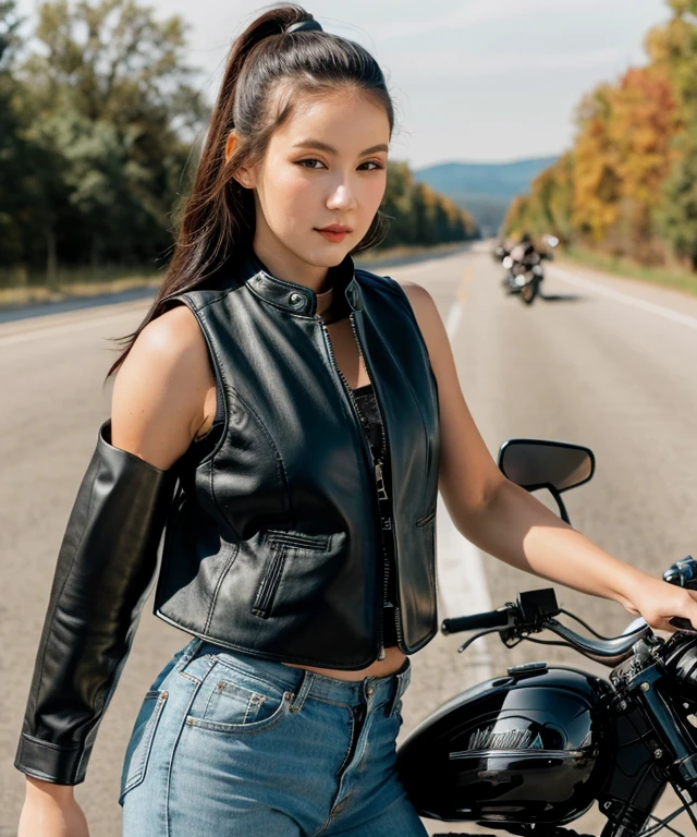 photo of rinrada, Leather Vest at Motorcycle Ride, <lora:rinrada:1>