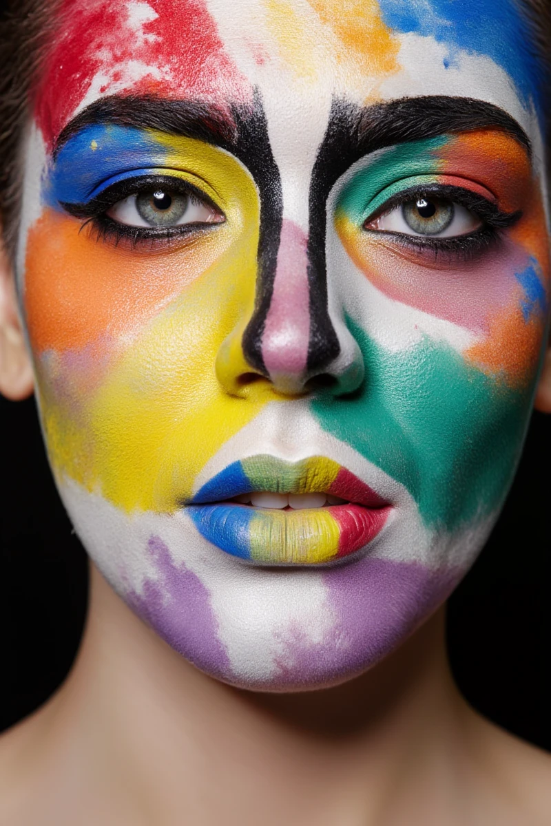 Photograph of a woman's face with vibrant, colorful makeup. The makeup features bold, black and white lines and a mix of bright colors including red, orange, yellow, green, blue, and purple. Her eyes are adorned with thick, dark eyeliner and vibrant eyeshadow. Her lips are multicolored. She has fair skin with a no texture.  <lora:makeup_art_FLUX_v1-000029:1>