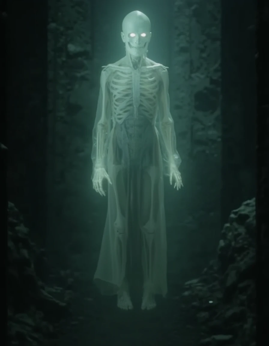 A skeletal ghost woman hovers in the air, her form mostly transparent, with faint outlines of her bones barely visible through the misty glow that surrounds her. Her once-beautiful face is now a haunting skull, with hollow, glowing eyes that flicker dimly in the darkness. Long, tattered remnants of a ghostly gown drift weightlessly around her skeletal frame, seeming to dissolve into the air. Her bony hands extend slightly in front of her, delicate yet chilling, as if reaching out from another realm. The dim light passes through her translucent body, giving her an ethereal, haunting presence in the shadowy, forgotten space around her <lora:lotrghost_v1:0.8>