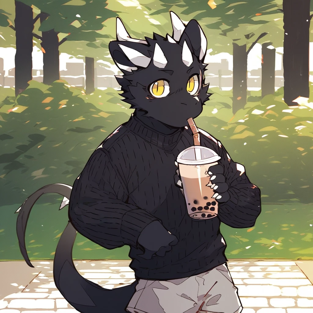 score_9_up, score_8_up, score_7_up, source_furry, mikus-style, black dragon, black body, white horns, yellow eyes, park, holding, bubble tea, black sweater, gray shorts, 1boy, solo