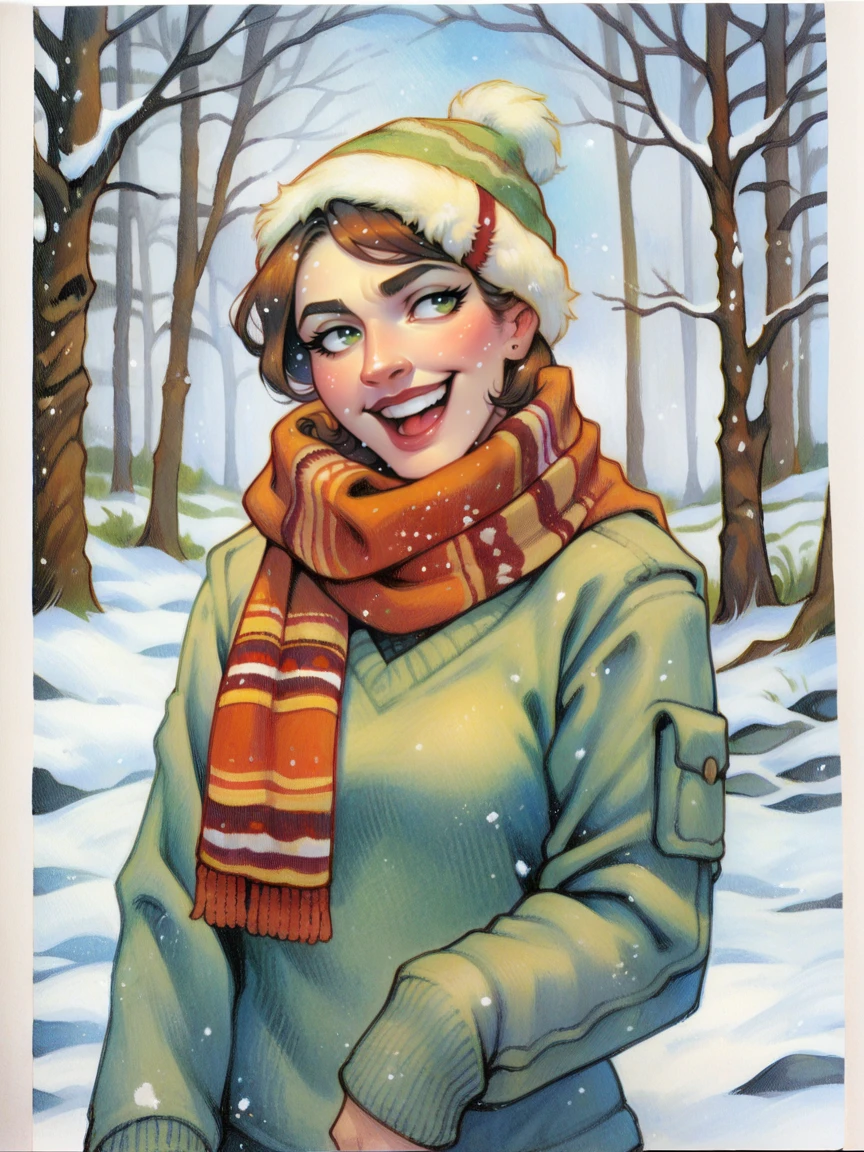 score_9, score_8_up, score_7_up, score_6_up, score_5_up,  <lora:TeresenielsenXLP:0.8> terese nielsen, traditional media, 1girl, sweater, snow, scarf, happy