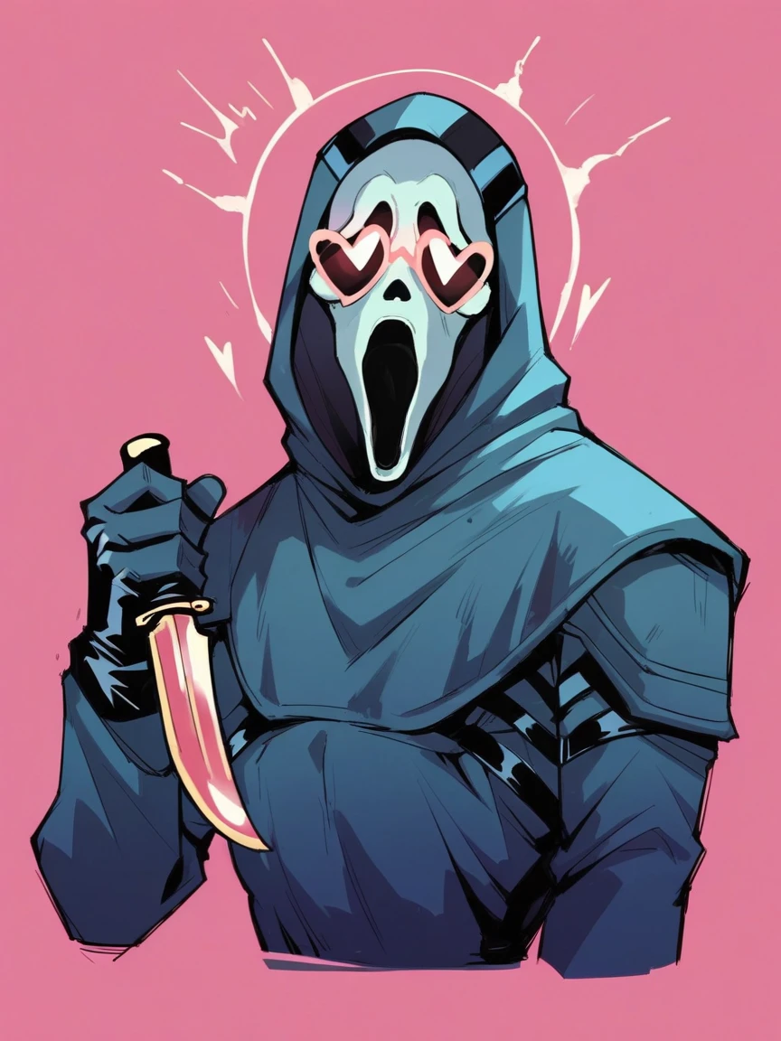 score_9, score_8_up, score_7_up, score_6_up, score_5_up,  <lora:GhostfaceXLP:1> ghostface, mask, solo, 1boy, hood, gloves, holding knife, pink background, heart glasses