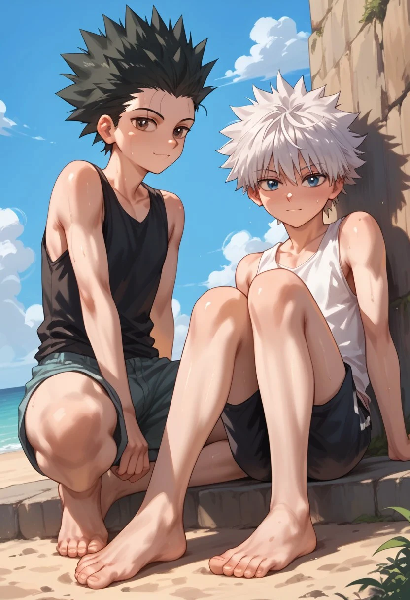 safe_pos, score_9, score_8_up, score_7_up, score_6_up, zPDXL3, masterpiece, bludwing style, source_anime, highly detailed, ((2boys)), multiple boys, male focus, tank top, shorts, bare legs, slim, skinny, twink, sitting, leg up, looking at viewer, barefoot, cowboy shot, outdoors, sweat, presenting, (killua zoldyck), hxh, white hair, blue eyes, short hair, (gon freecss), hxh, brown eyes, spiked hair, black hair, saturated, colorful, 