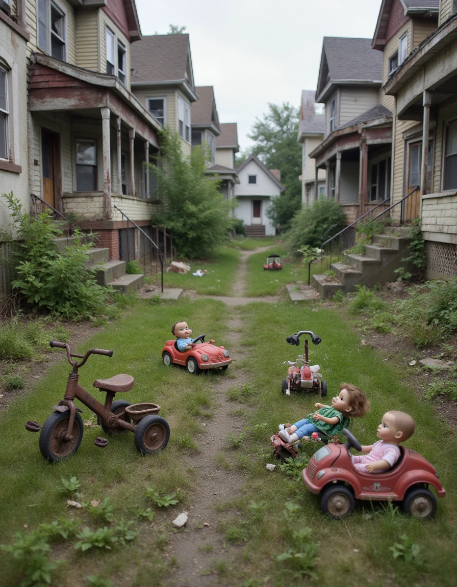 An abandoned residential street where children's toys are left scattered on front lawns. Rusted tricycles, faded dolls, and broken toy cars sit among the overgrown grass. The houses are quiet, their doors left ajar, as if the families left in a hurry. The air is thick with stillness and loss.  <lora:urban-decay-streets_v10_rank64_bf16-step02240:1>, abndnd_plcs_strts