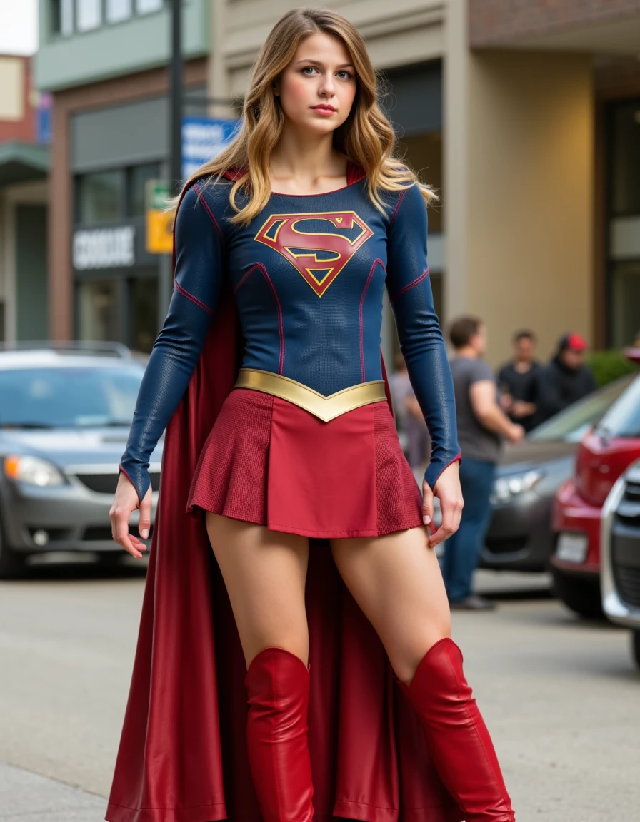 <lora:supergirl_dev_f1:1> a beautiful woman supergirl dressed in a costume, red cape, red boots