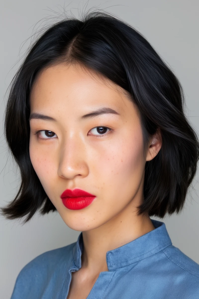 A high-quality photograph of a asian woman's face, focusing on her striking features. She has smooth, flawless skin with a few liver spots. Her makeup is bold and elegant, featuring bright red lipstick and a touch of blush. Her dark hair is styled in a sleek bob, framing her face. She wears a blue top with a high collar. The lighting is soft and even, highlighting her natural beauty.  <lora:makeup_art_FLUX_v1-000029:1>