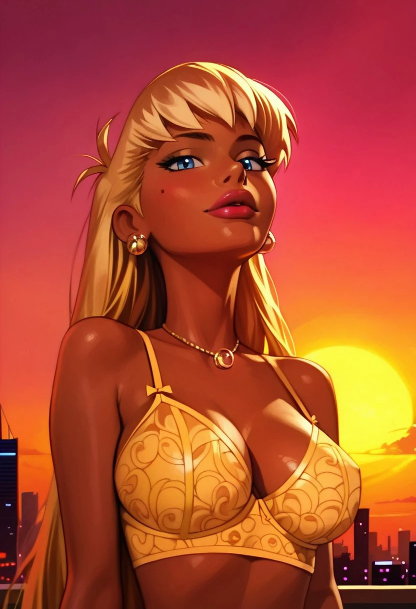 ,sunset, palms, city skyline, neon light, asymmetrical panels, cinematic lighting, detailed skin, retro, (dutch angle:1.05),ghostintheshellstyle,, score_9, score_8_up, score_7_up, fr_blotz, (sexy neon yellow lingerie:1.2), [art by Thomas Hfner, art by Henry Moret::12], concept art, Private Press, Fuchsia and Lavender hue, intricate, vignette, artstation,1girl, solo, blonde hair, big hair, ver long hair, extremely long hair, waved hair, medium breasts, necklace, dark-skinned female, kuro gyaru, megahorny, seductive face, breastgrab, 
soft light, highly detailed, detailed skin, depth of field,perfect face, beautiful eyes, highly detailed, detailed skin, depth of field, realistic shadow, motion lines, Expressiveh,  realistic, 
Lustful pose, cowboy shot,
