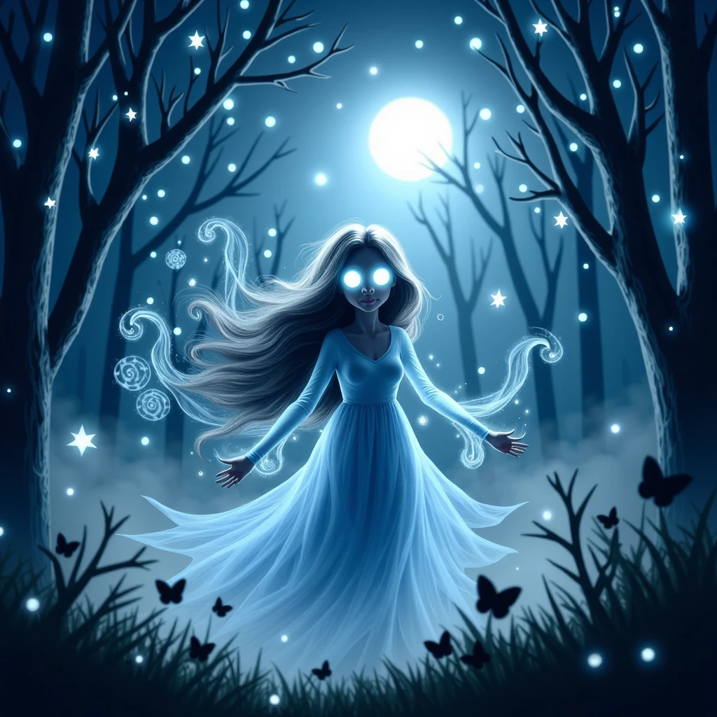 <lora:HalloweenGlowStyleFlux_000002500:1>HalloweenGlowStyle Fantasy illustration of a playful ghost in a moonlit forest, blue and silver tones, whimsical atmosphere, glowing eyes, translucent figure, wavy hair, flowing dress, leaves and trees in the background, twinkling stars, misty and enchanted, full moon, peaceful and serene, pastel colors, digital painting, detailed and intricate, artstation, concept art, illustration, wide angle, artbook, wallpaper, splash art, promo art, dramatic lighting