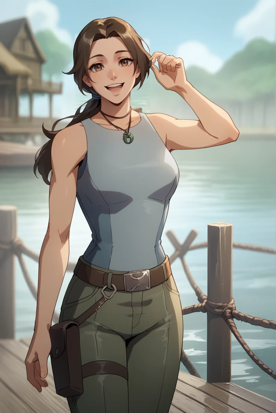 score_9, score_8_up, score_7_up, score_6_up, score_5_up, score_4_up, BREAK source_anime, 1girl, solo,
<lora:LaraCroftXL-v1-07:0.8>, ChopioLara, brown hair, brown eyes, looking at viewer,
long hair, low ponytail, hair tie, medium breasts, 
outfit_3, necklace, sleeveless shirt, blue shirt, brown belt, green pants, thigh strap, thigh pouch,
standing, fishing village, blue sky, smile, open mouth, river, pier,