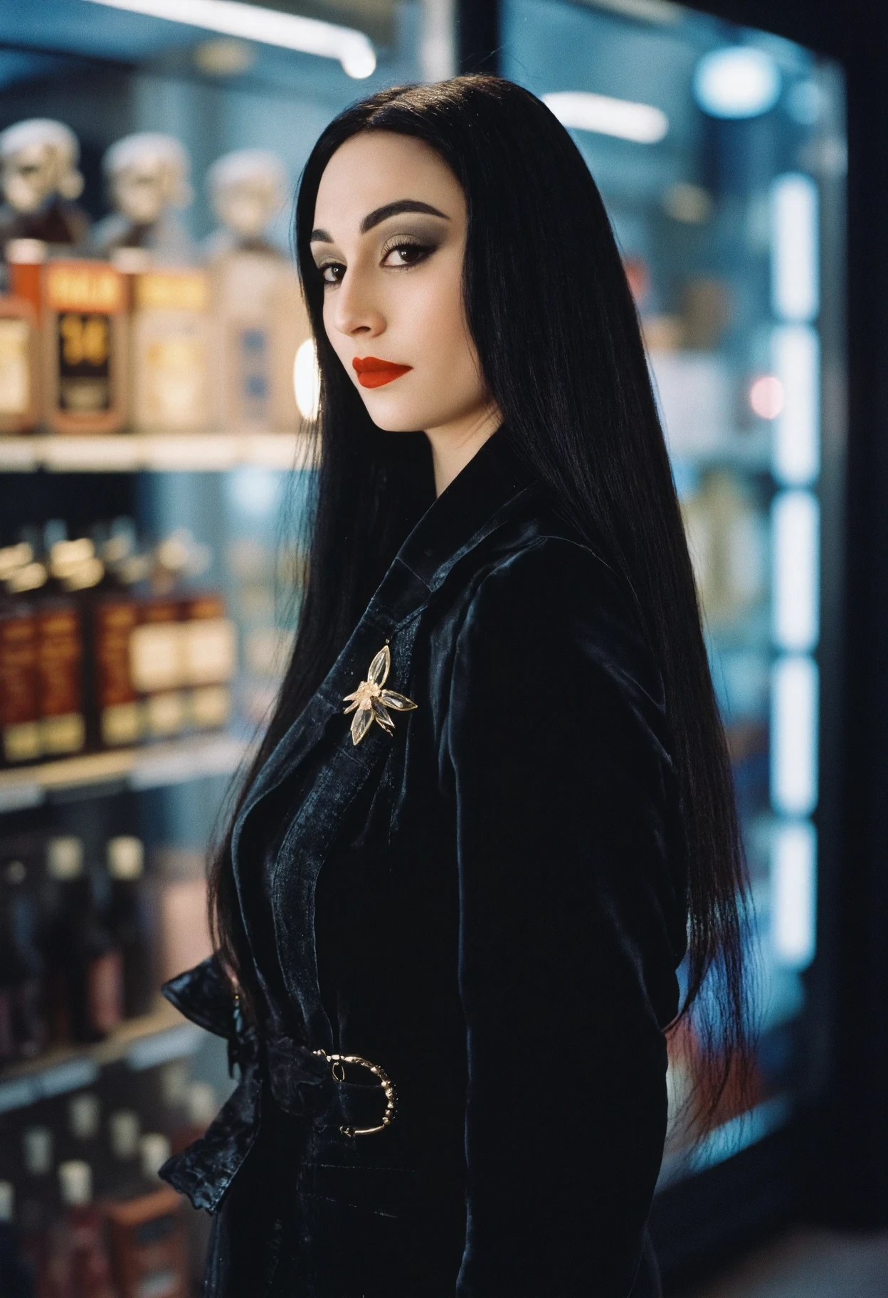 Candid photo by Rosie Matheson of mrtc4ddms, she is shopping in a macabre convenience store, elegant black coat slim fit, halloween, goth, 35mm, perfect natural lighting, analog film, professional photo shoot