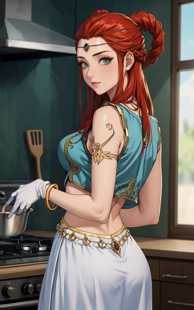 (masterpiece, best quality:1.4), insaneres, absurdres, solo, looking at viewer,BREAK 
GAME_YuGiOh_Otohime_ownwaifu, hagoromo, 
1girl, circlet, green eyes, hair pulled back, long hair, red hair, straight hair, hair rings, braid, necklace, tattoo, hair ornament, medium breasts, multiple braids,
belt, crop top, elbow gloves, gem, gold trim, jewelry, midriff, navel, ornate clothes, purple gloves, revealing clothes, sleeveless shirt, bracelet, skirt, center opening, bare shoulders, dress,
(looking back, from behind, back), cooking, frying pan, kitchen, indoors, <lora:GAME_YuGiOh_Otohime_ownwaifu:0.8> , depth of field, solo,