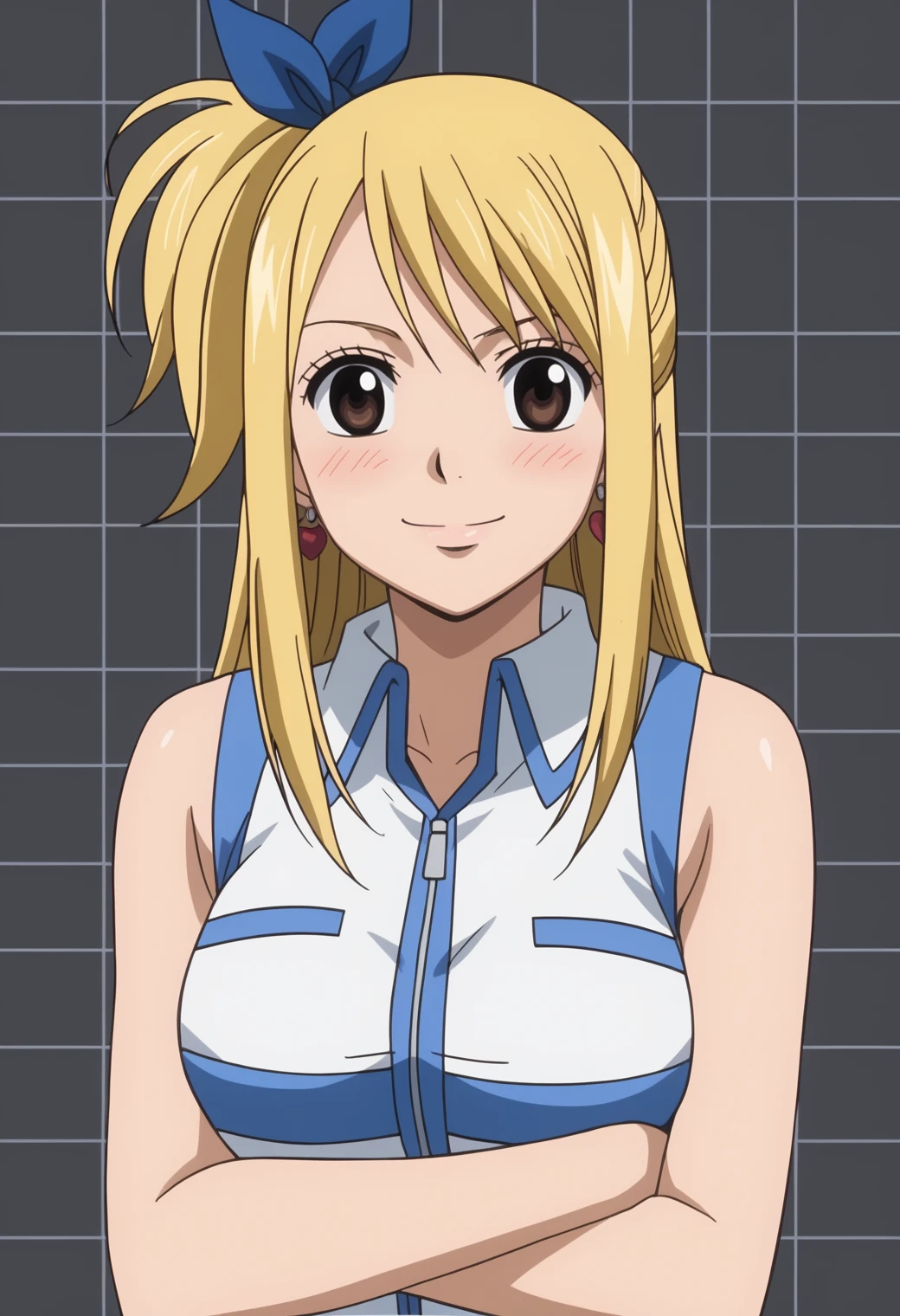 score_9, score_8_up, score_7_up, anime screencap, BREAK, 1girl, solo,   <lora:DX888Lucy:1> lucy heartfilia, brown eyes, one side up, blue ribbon, sleveless shirt,  earrings, BREAK smile, blush, Frowning, arms crossed dark gray background, simple background, grid background,