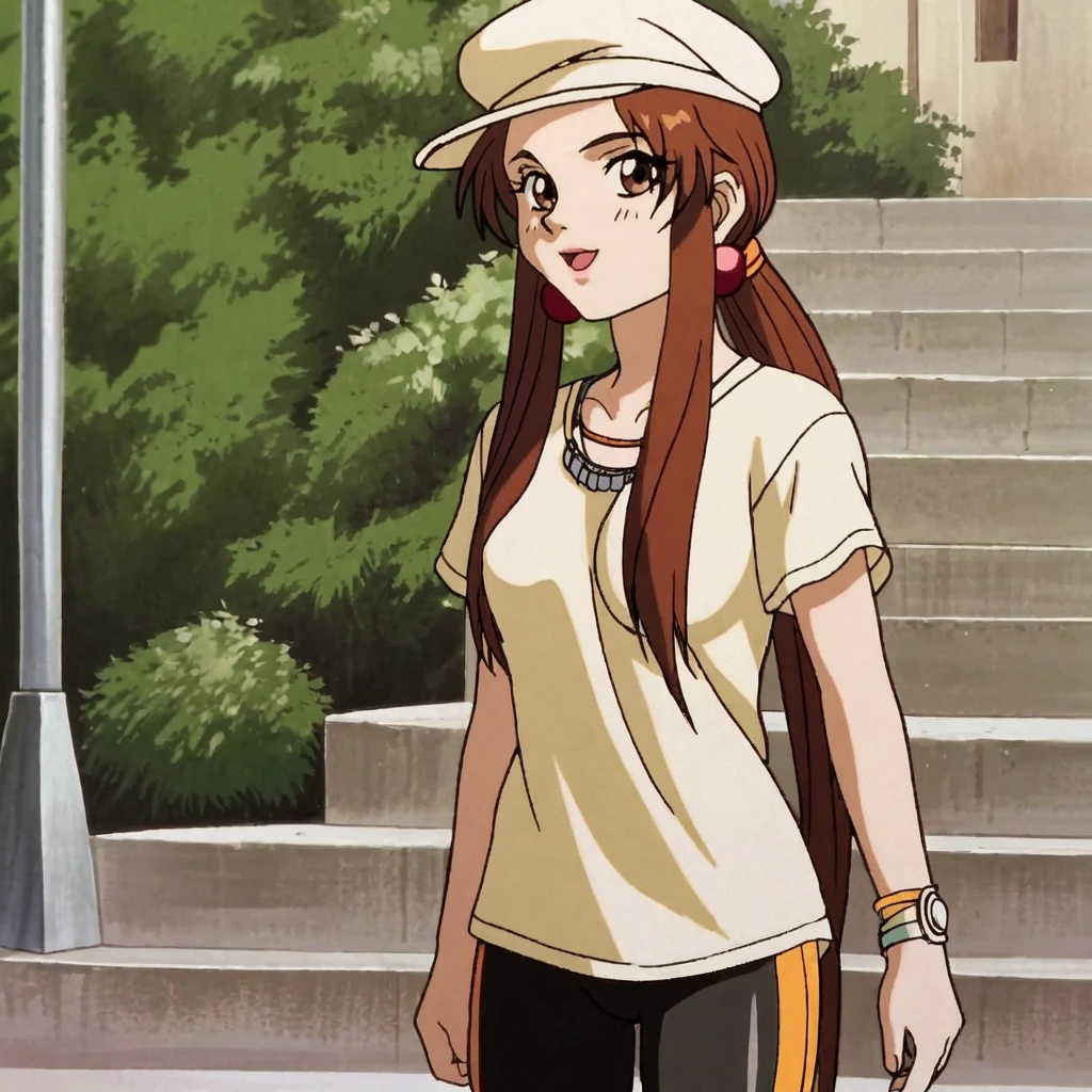 <lora:maifatalfury94movie_pony_v1:.7> Mai94MovieYellowHatOutfit, hat, brown hair, 1girl, solo, brown eyes, bike shorts,  jewelry, earrings, shirt, short sleeves, sidelocks, cowboy shot