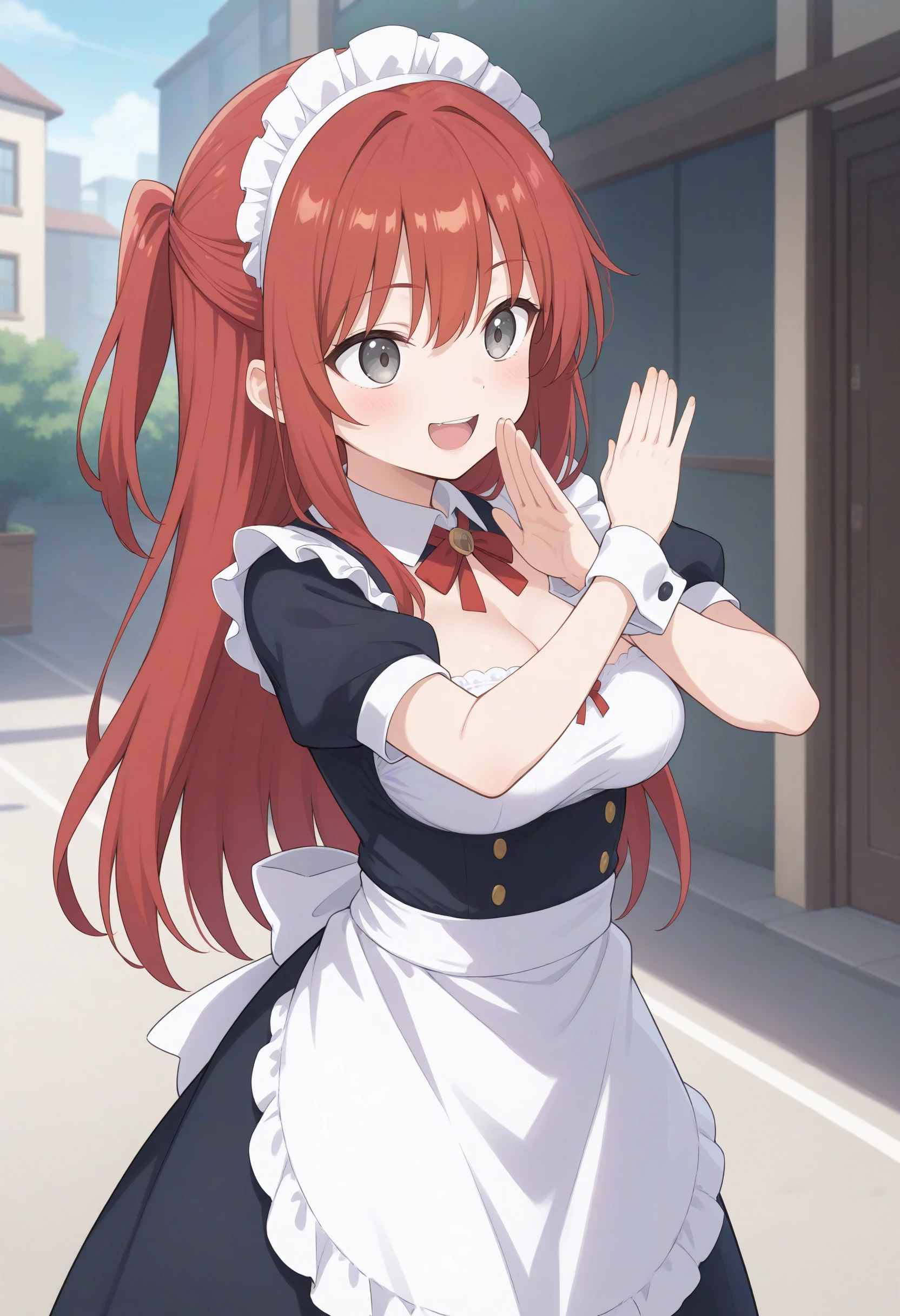 1girl,(sho \(sho lwlw\):0.7),(toosaka asagi:0.5),(sincos:0.3),
masterpiece,best quality,
maid,maid headdress, maid apron,medium breasts, 20yo,
x arms, hands up, <lora:xarms_XL_v2:0.8>
from behind, upper body, looking to the side, red hair, gray eyes,crazy smile, road, open mouth, half updo hair,