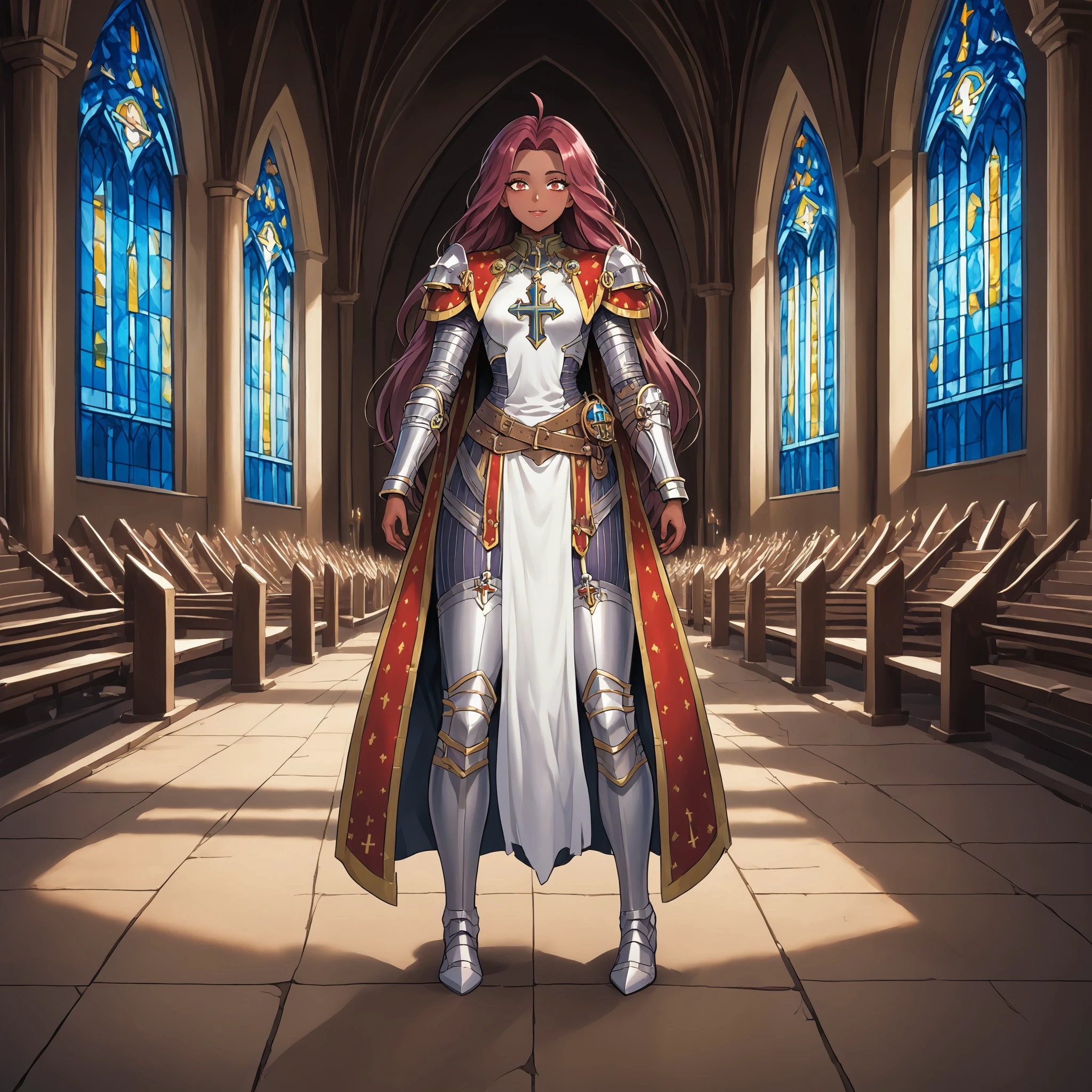 (masterpiece), best quality, expressive eyes, perfect face, full body, J0hanna, armor, dark skin,  church, temple, cathedral, <lora:310626bb-9c18-4ef8-9ae8-7fbc5f7f2153:1.0>