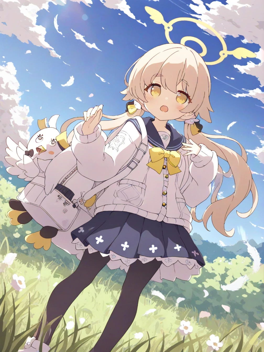 hifumi (blue archive),1girl,solo,pantyhose,skirt,outdoors,twintails,halo,yellow eyes,low twintails,long hair,black pantyhose,sky,cloud,pleated skirt,long sleeves,school uniform,sailor collar,white cardigan,cardigan,looking at viewer,feet out of frame,wind,day,hair between eyes,black skirt,grass,light brown hair,bow,standing,blue sky,open mouth,white bag,serafuku,bowtie,wing hair ornament,
<lora:ill-xl-01-tyomimas_1-000032:1>,