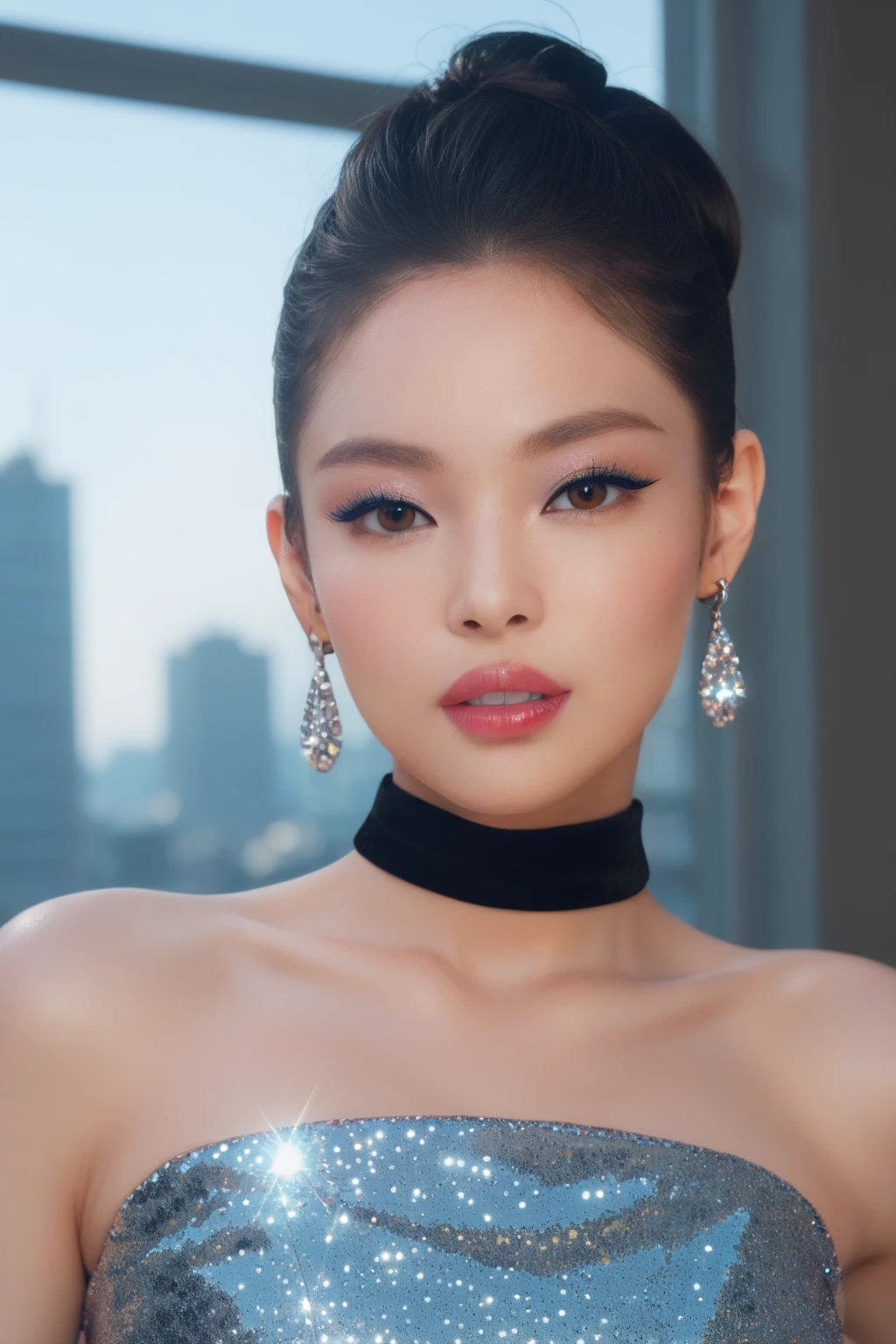 score_9,score_8_up,score_7_up,
1girl,solo,looking at viewer,jewelry,earrings,black hair,brown eyes,jenniePONY,lips,makeup,parted lips,
looking at viewer,
upper body,
window,cityscape,
choker,jewelry,
,
black sequins dress,
dynamic pose,dynamic angle,<lora:jenniePONY:0.7>