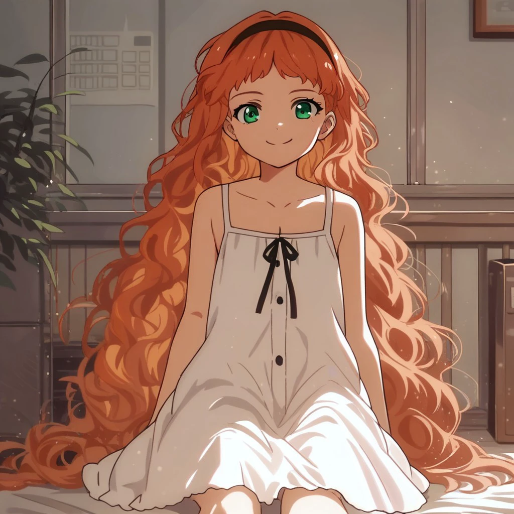 score_9, score_8_up, score_7_up, source_anime, FrillWEP, orange hair, green eyes, hairband, long hair, sleeveless, white dress, sleeveless dress, wavy hair, black hairband, collarbone, indoors, sitting, looking at viewer, very long hair, smile