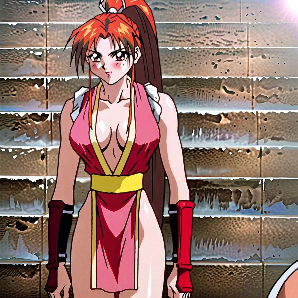 <lora:maifatalfury94movie_pony_v1:.8> Mai94MovieAlternative, 1girl, shiranui mai, large breasts, long hair, high ponytail, pelvic curtain, brown hair, cleavage, revealing clothes, brown eyes, retro artstyle, 1990s (style), folded fan, bangs, japanese clothes, ninja, cowboy shot