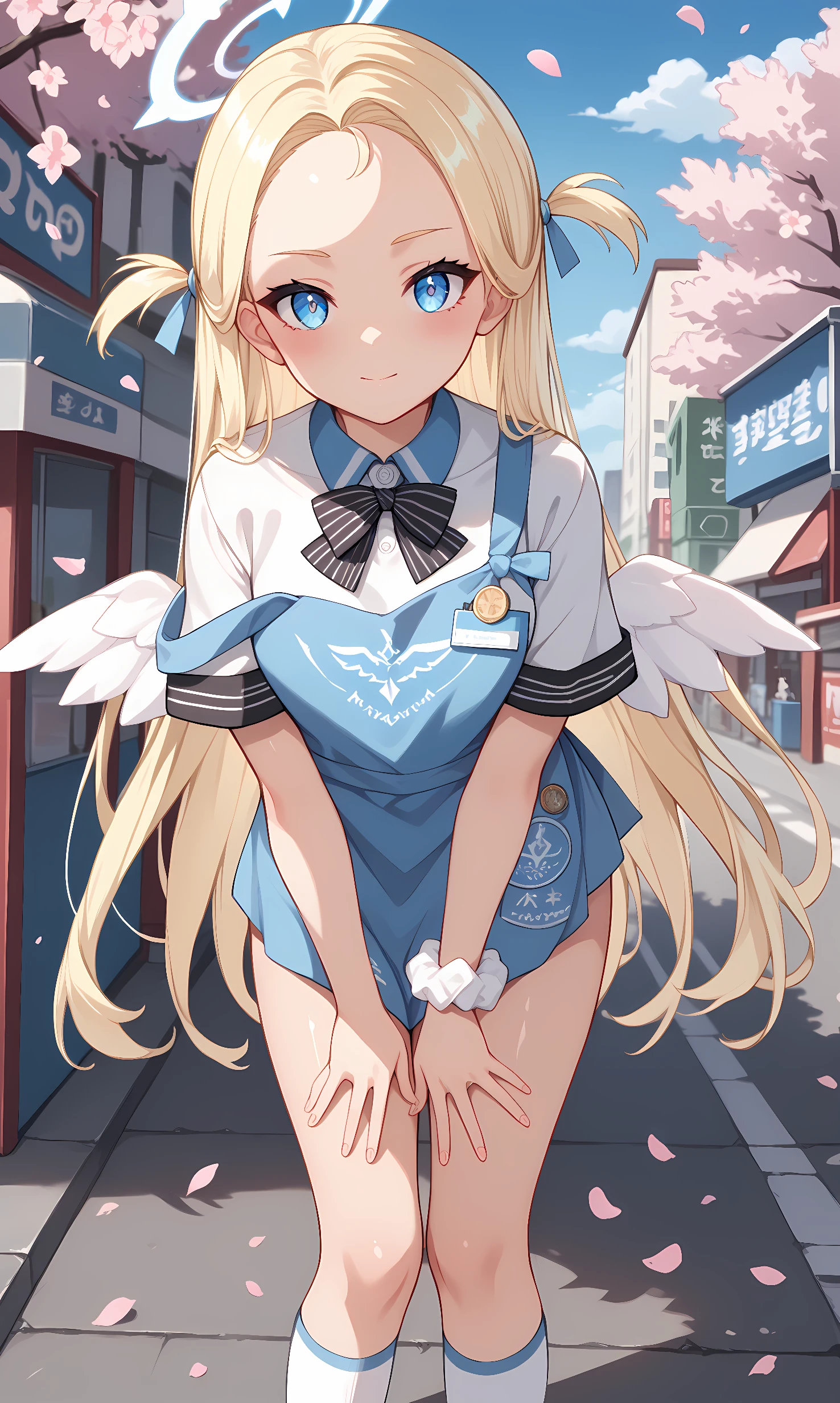  score_9, score_8_up, score_7_up, source_anime, 1girl, solo, outdoors, street, cherry blossoms, cowboy shot, standing, looking at viewer, shiny skin, sora, blue eyes, blonde hair, two side up, long hair, halo, mini wings, white wings, low wings, blue apron, white shirt, off shoulder, strap slip, bowtie, short sleeves, white socks, white footwear, sneakers, single wrist scrunchie, leaning forward