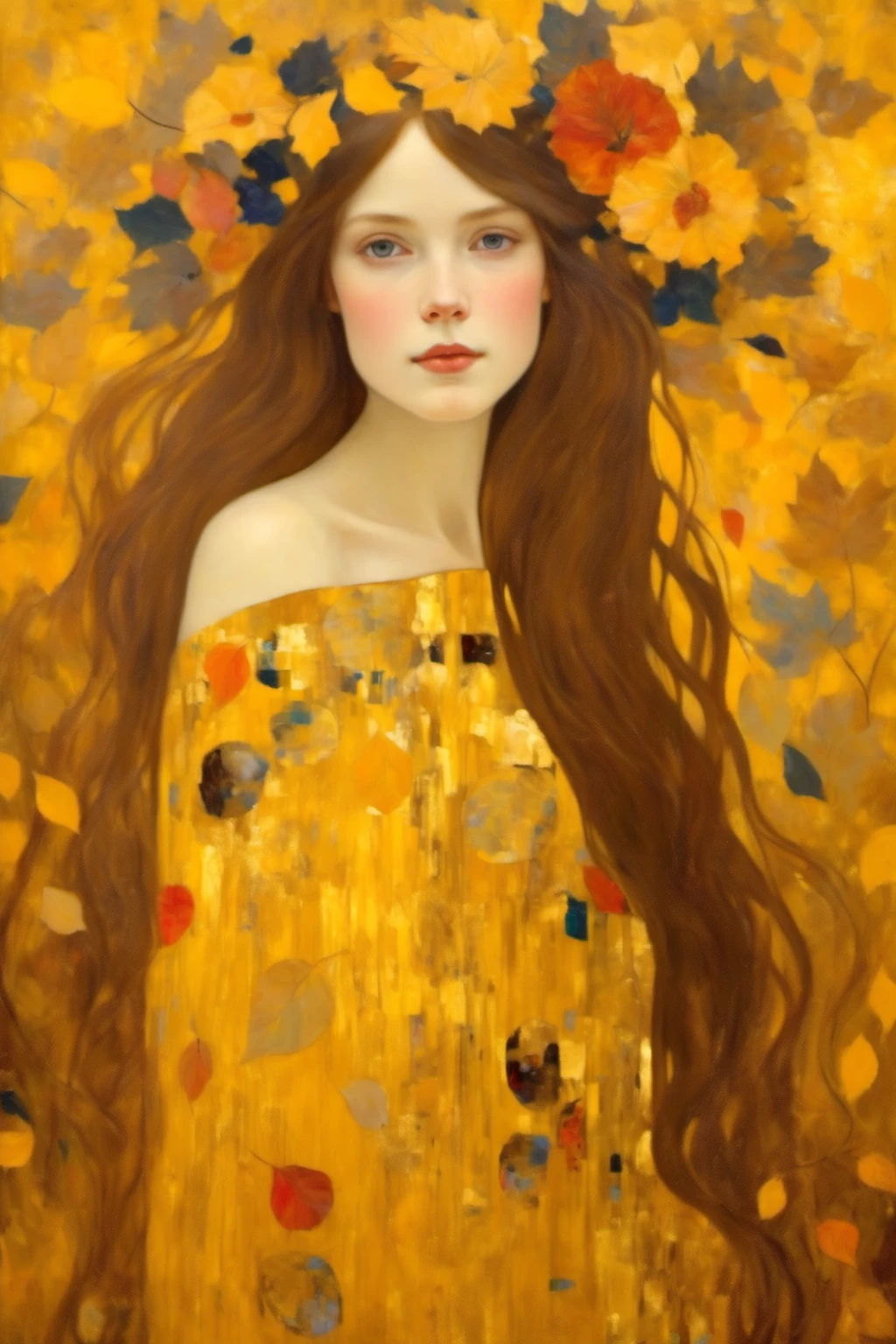 klimt style,1 girl,long and straight hair,autumn leaves solo,art work painting,gold style,flowers masterpiece,yellow background and gold, high resolution,