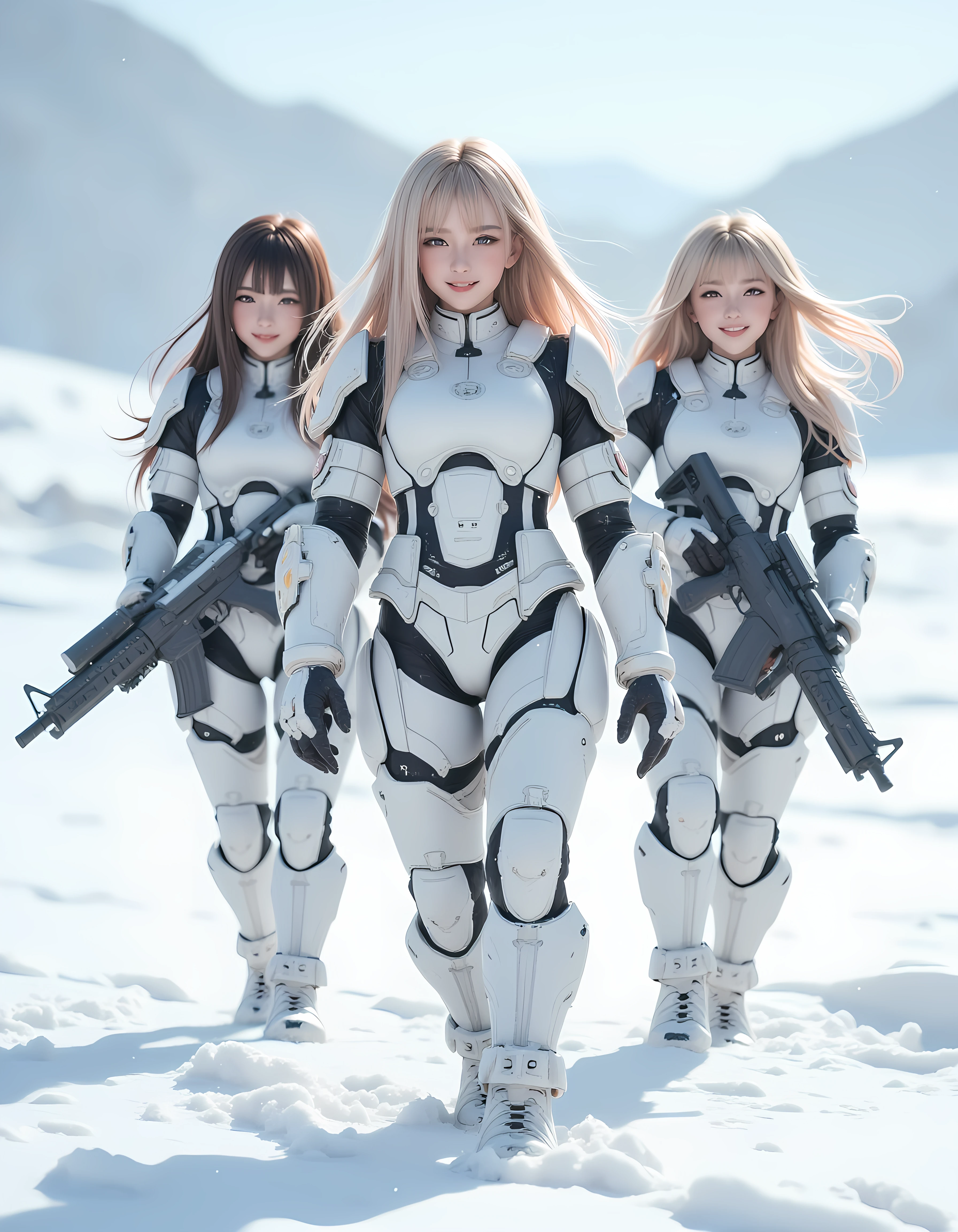 three stunning female korean space marines, multicoloured hair (one blonde, two dark, with various coloured highlights), bangs, white winter camouflage body armour, assault pistols in holsters, walking in a snowstorm on an icy, snowy plain, thick snow falling, snow settling on their hair and armour, cowboy shot, High Detail, Perfect Composition, dramatic ighting, high contrast <lora:beauty_standard5:0.8>