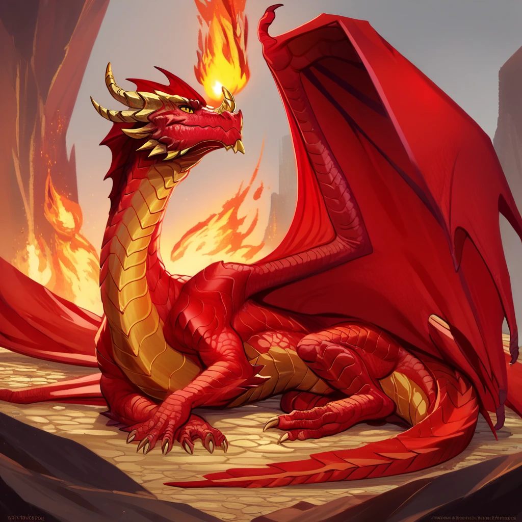 score_9, score_8_up, 2.5d, masterpiece, highres, absurdres, source_cartoon , 
BREAK
feral dragon, yellow eyes, gold horns, reddrg, (red scales:1.5), lying on side , fire, horn, wings, red body, solo, tail, scalie, hi res   