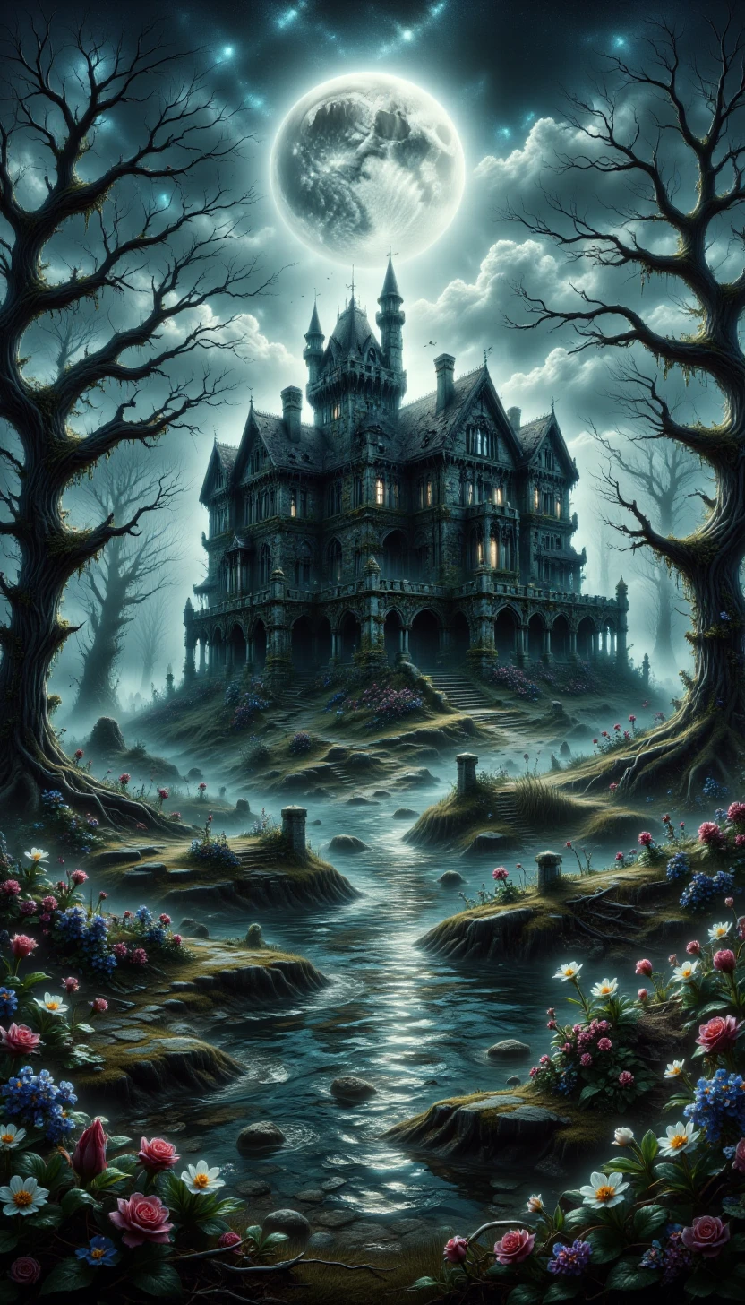 pinkgloomydoomy, "A decaying mansion in the middle of a swamp, with dark waters and a full moon overhead