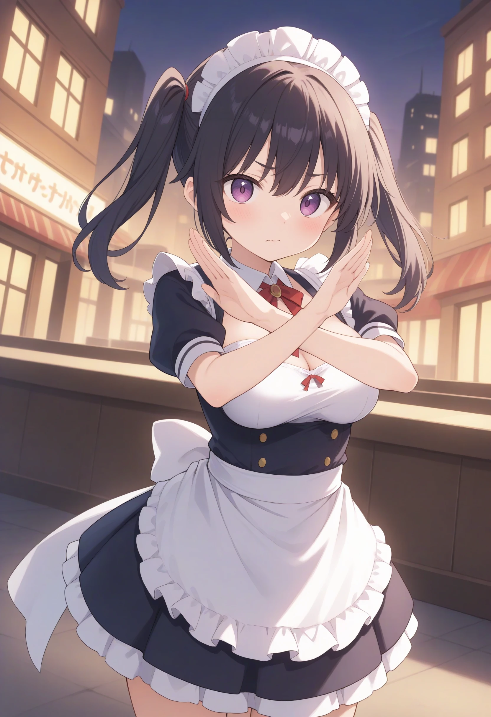 1girl,(sho \(sho lwlw\):0.7),(toosaka asagi:0.5),(sincos:0.3),
masterpiece,best quality,
maid,maid headdress, maid apron,medium breasts, 20yo,
x arms, hands up, <lora:xarms_XL_v2:0.8>
dutch angle, cinematic angle, looking at viewer, white hair, purple eyes,anguish, New York city, closed mouth, twin drills hair,