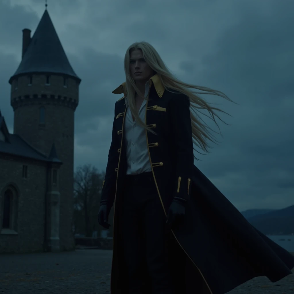 film scene from Denis Villeneuve. Cinematography.  <lora:alucard_v1:1.4> Alucard stands tall, his long blonde hair flowing in the wind, his dark coat with golden trim billowing behind him as the gothic castle looms in the background under a stormy night sky